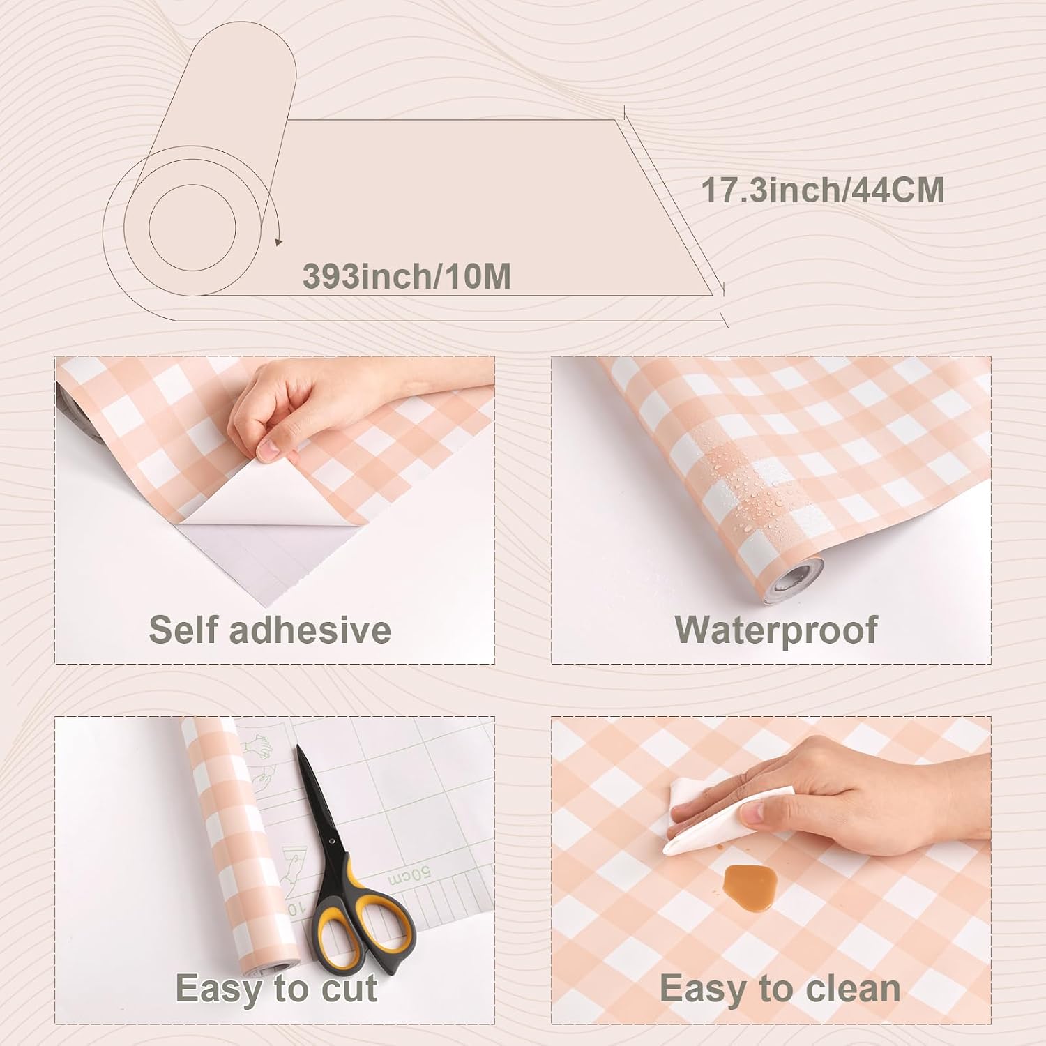 Cohoo Home Plaid Peel and Stick Wallpaper Boho Plaid Contact Paper for Cabinets Orange Checkered Gingham Contact Paper Self Adhesive Removable Wallpaper for Bedroom Nursery Cute Vinyl 17.3inW 393inL