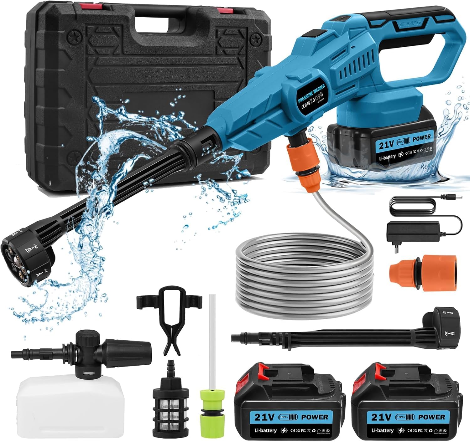 Hidrolimpiadora sin Cable | 18V 120Bar Limpiadoras a presión exterior | Pistola de lavado de alta presión, Pulverizador de Espum, 2 batería,6 en 1 Boquilla,5m Manguera,para Coche,Suelo,jardín