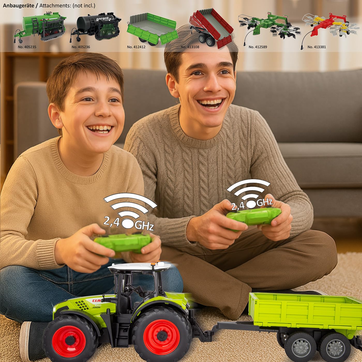 JAMARA Claas Arion 660 405360 avec remorque à Bascule 1:24 2,4 GHz – Jouet Tracteur télécommandé, véhicule pour Enfants, modèle agricole, Cadeau pour Enfants, lumière, attelage de remorque