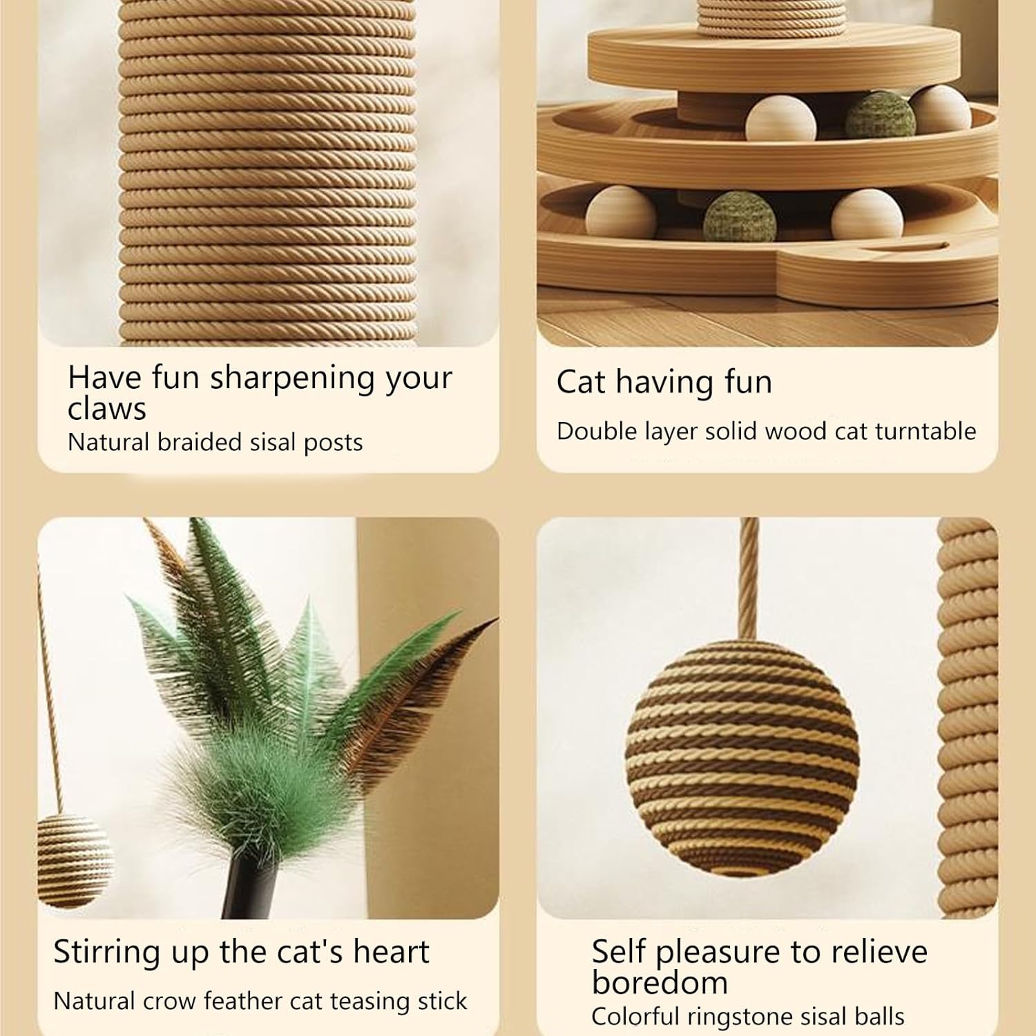 review Cat Toy,Cat Scratching Post for Indoor Cats,Natural Sisal Pad and Cat Tree, 4 In1 Wooden Cat Toys for Indoor Cats and Kittens,Turntable Interactive Cat Toys,A
