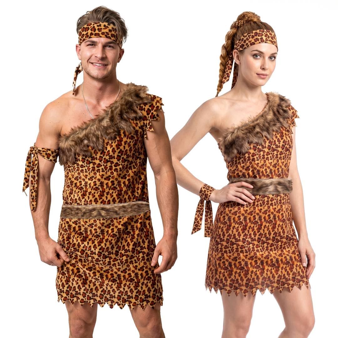 Couples Caveman Costume - L+M - Leopard Print Tunics, Belts, Headbands, Armbands and Inflatable Clubs - Mens Ladies Adults Funny Historical Halloween World Back Fancy Dress Costume