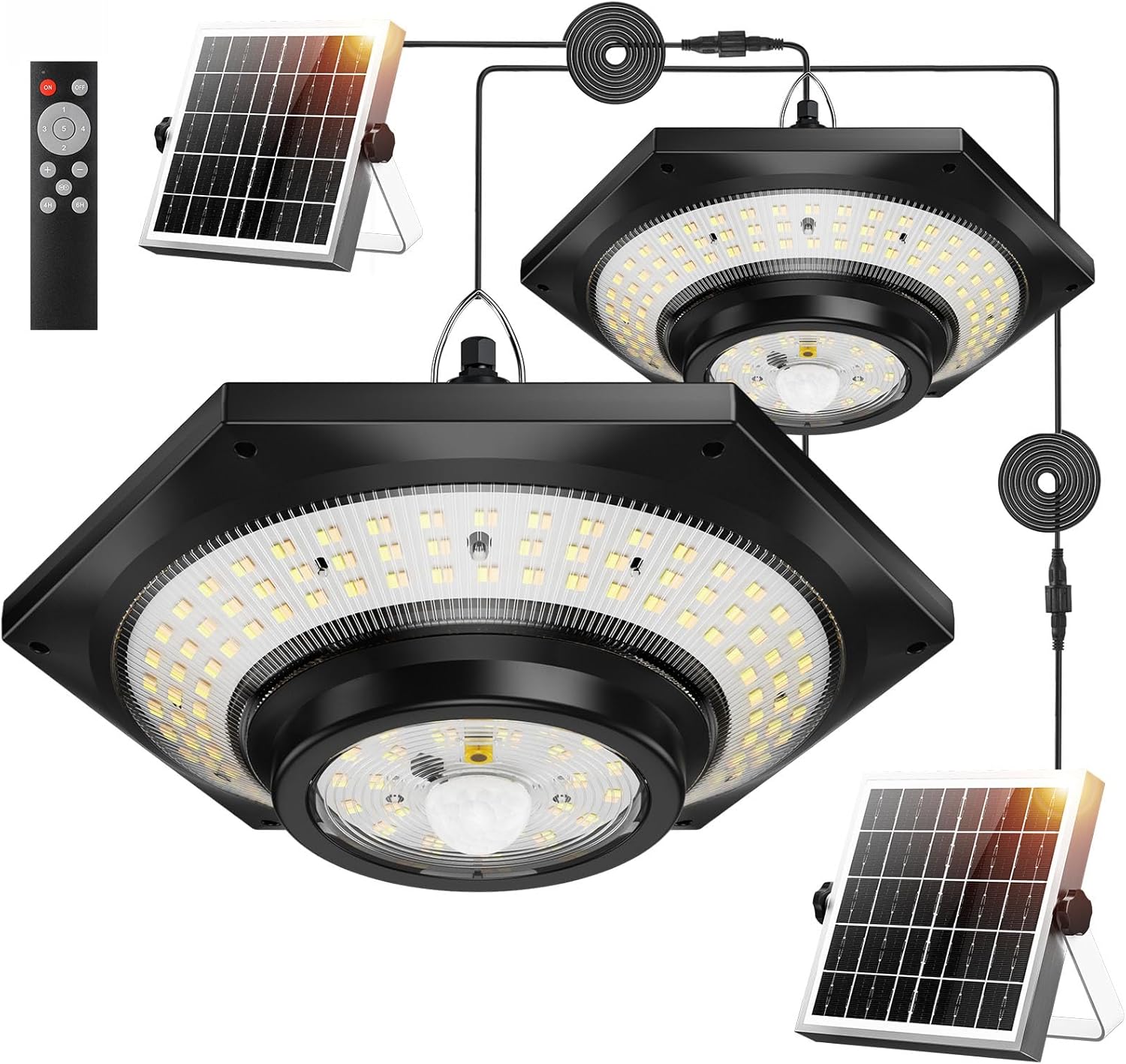 Solar Indoor Outdoor Shed Light with 4000LM, Upgrade 228 LED Solar Pendant Light Daytime Available with 3 Color Temperature Remote Control Motion Sensors for Gazebo,Shed,Garage,Barn, 2 Packs