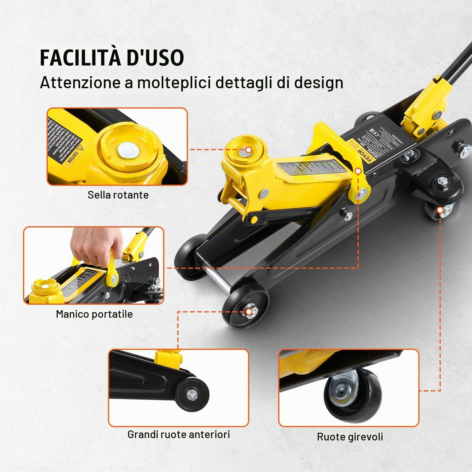 VEVOR Cric da Pavimento a Basso Profilo 1,5 T Cric Idraulico per Auto in Ferro per Impieghi Gravosi, Pompa a Sollevamento Rapido a Pistone Singolo, Intervallo di Sollevamento in Altezza 120 a 307 mm
