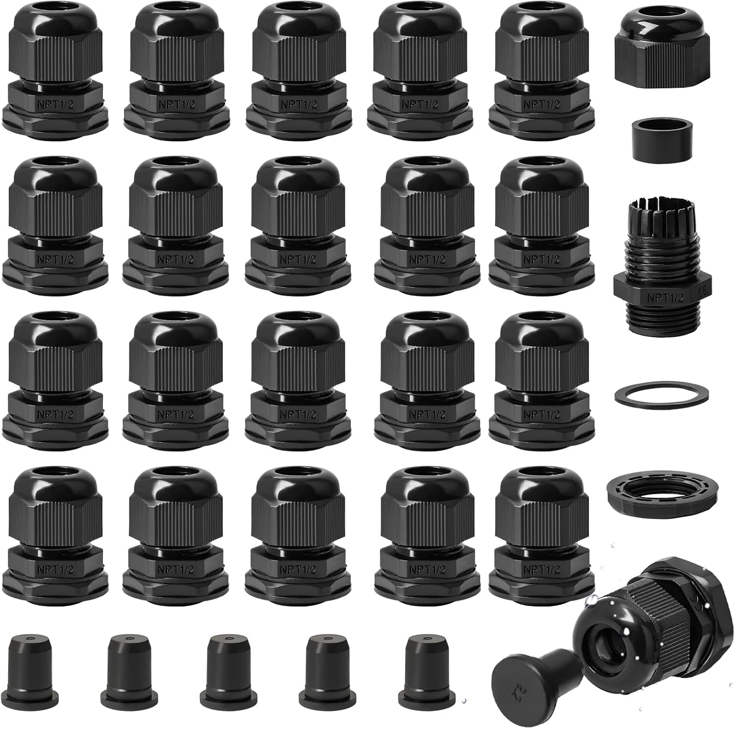 30PCS 1/2" NPT Cable Gland, IP68 Waterproof Adjustable Strain Relief Cord Connector Diameter 6-12mm, 20PCS Cord Grips w/10PCS Top Hat Rubber Grommets, Waterproof Electrical Connectors with Gaskets