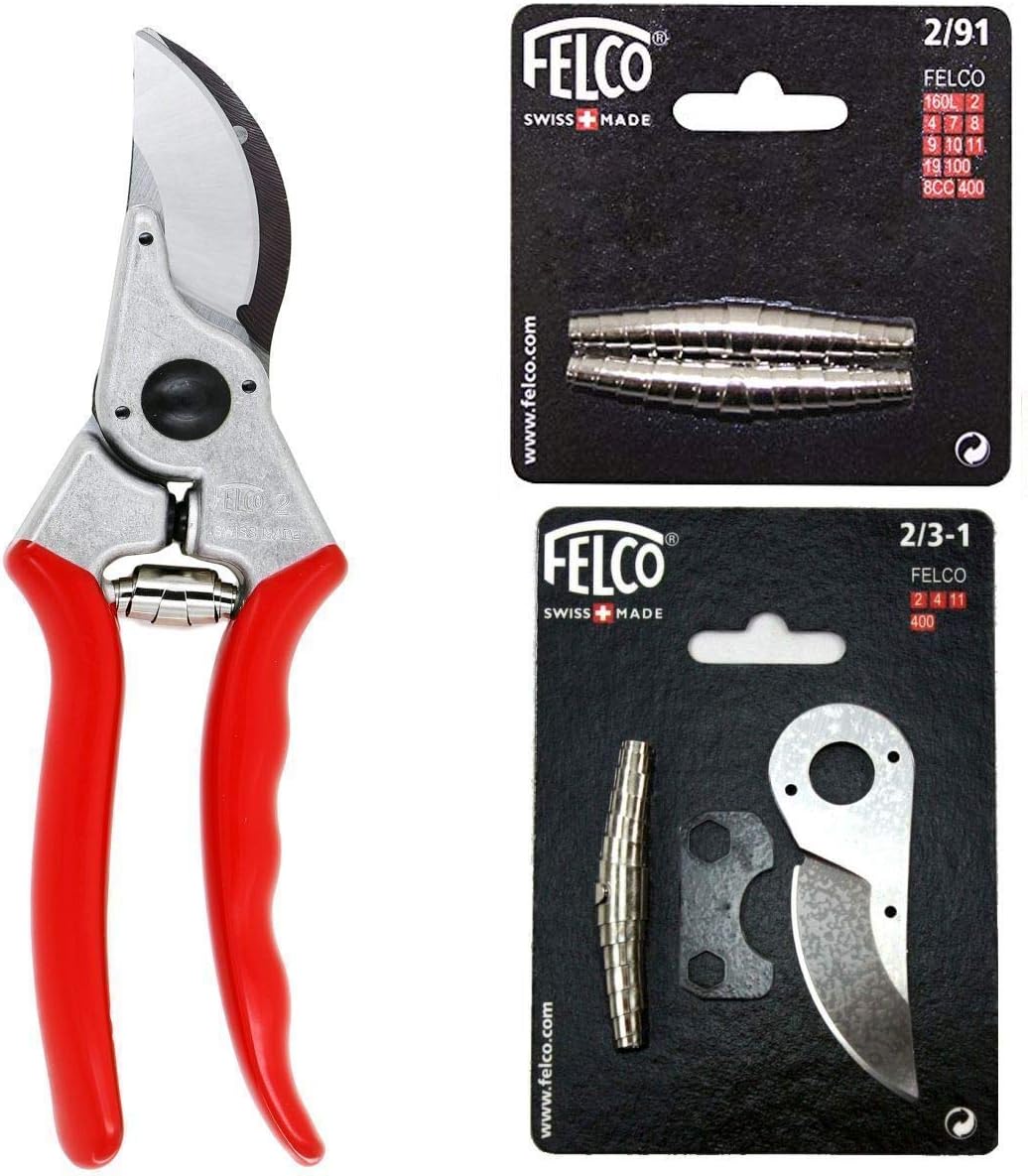 FELCO 2 Classic Bypass Pruner with Replacement Springs and 2/3-1 Blade Repair Kit (Bundle, 3 Items)