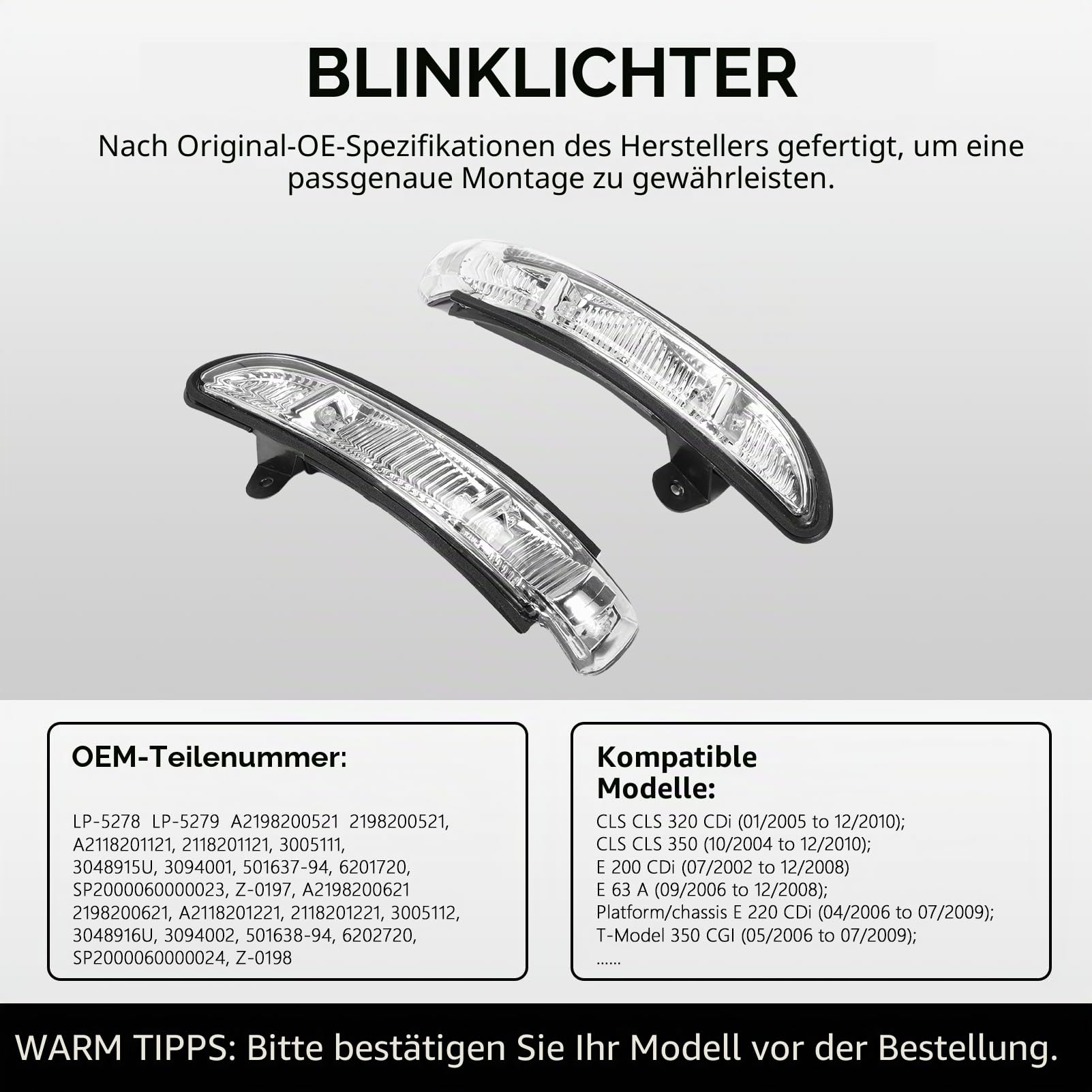 1 Paar Blinkerleuchten Link+Recht für CLS C219 E-Klasse W211 S-Klasse W221 C216 Aussenspiegel Spiegelblinker Blinkleuchten glasklar LP-5278 A2198200521