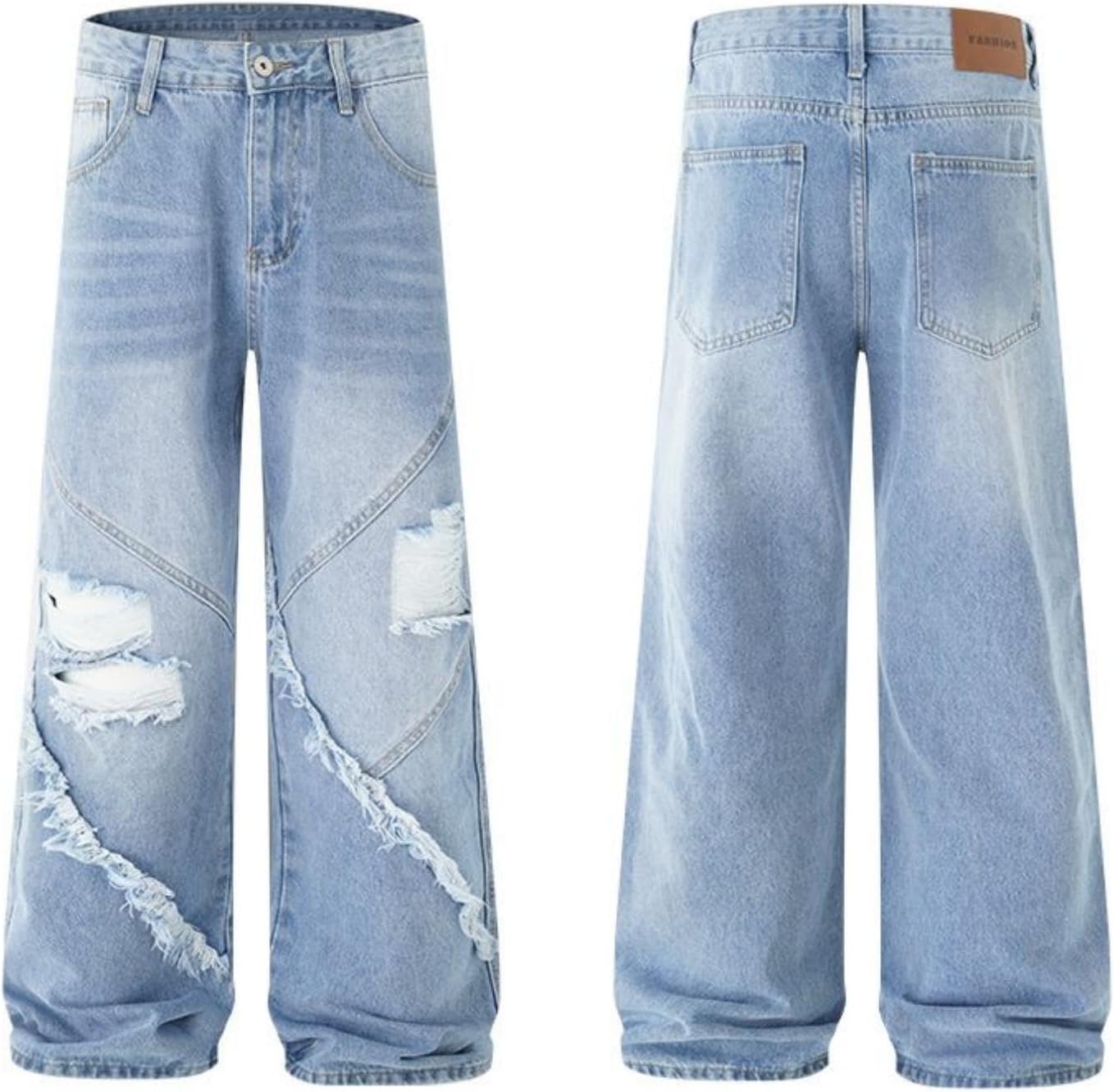 Mens Ripped Jeans Relaxed Fit Straight Leg Y2K Denim Pants Hip hop Streetwear Trousers - Image 2