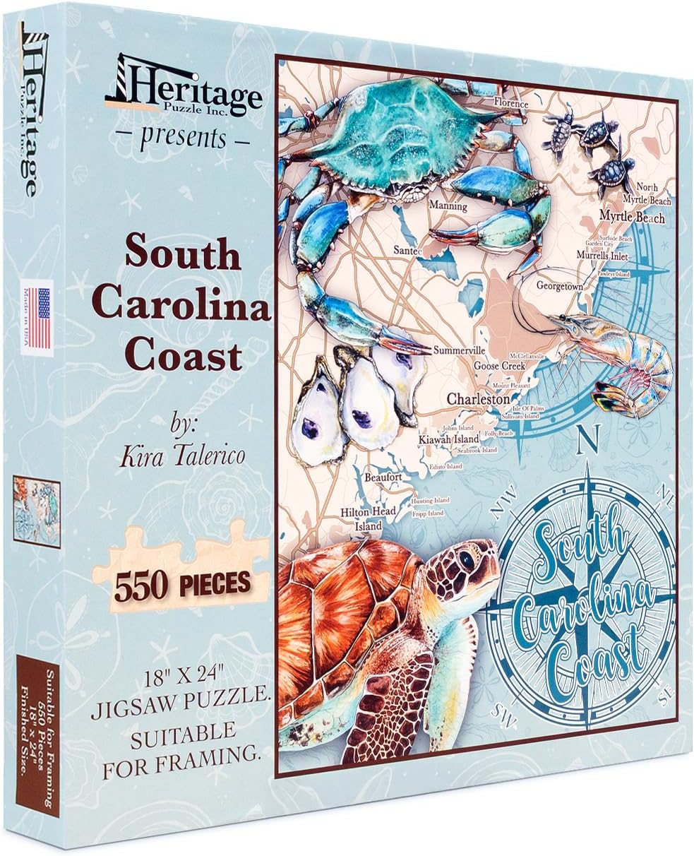 Heritage Puzzle - South Carolina Coast by Kira Talerico - 550 Piece Puzzle for Adults - Educational Coastal Map Jigsaw Puzzles with Sea Life & Landmarks - 18" x 24" Finished Size
