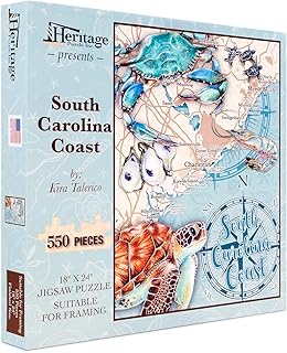 Heritage Puzzle - South Carolina Coast by Kira Talerico - 550 Piece Puzzle for Adults - Educational Coastal Map Jigsaw Puzzles with Sea Life & Landmarks - 18" x 24" Finished Size