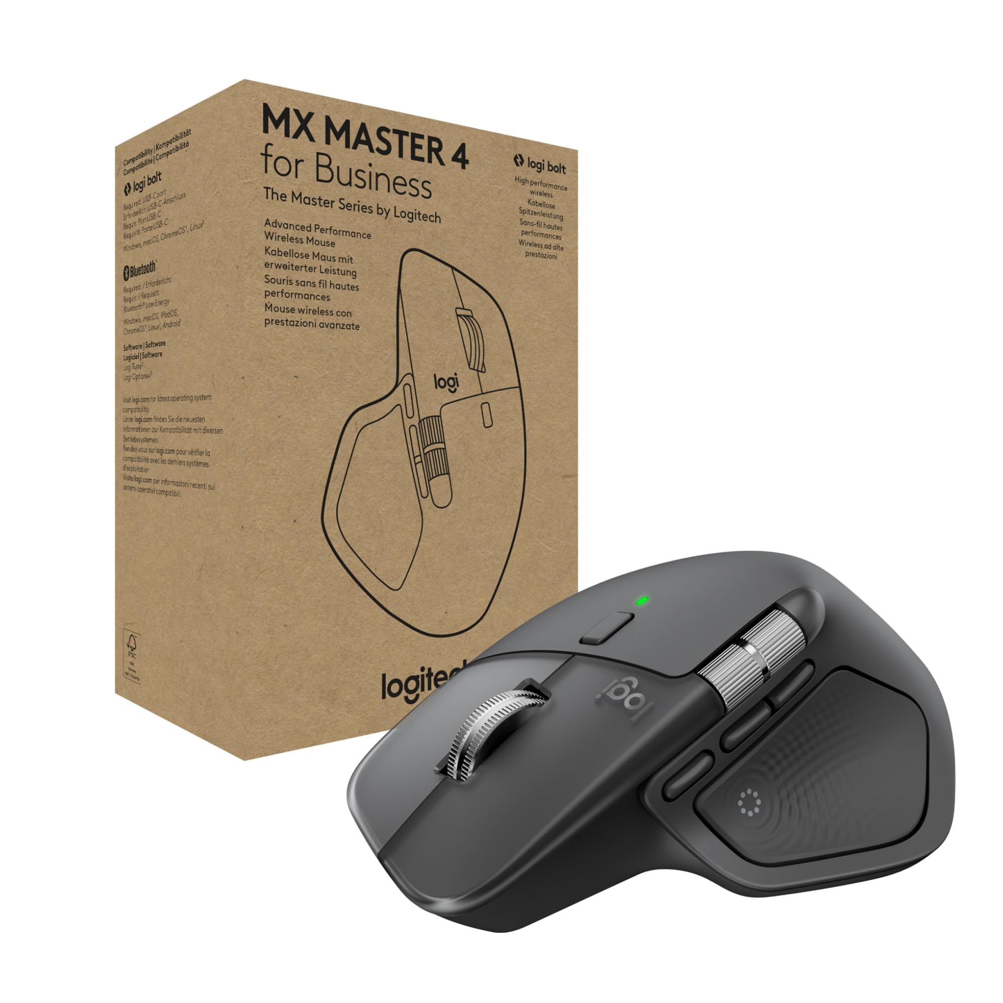 Logitech MX Master 4 for Business, bezprzewodowa mysz z dyskretnymi kliknięciami, 8000 PPP, przewijanie MagSpeed, odbiornik Logi Bolt, Bluetooth, akcje pierścienia, dotykowe, ładowanie USB-C-Graphite