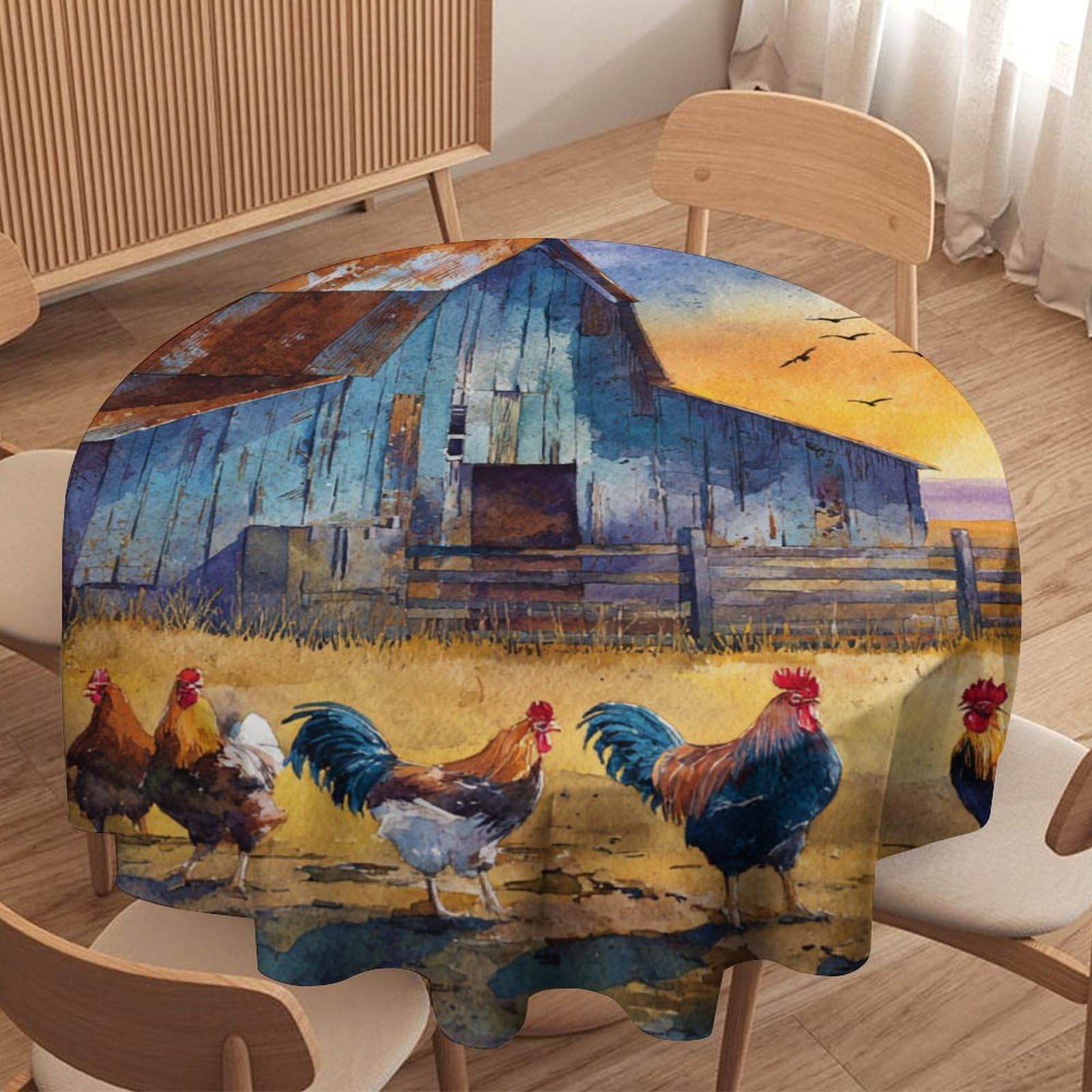 Luyysky Beautiful Realistic Farm Rooster Round Tablecloth Western Aesthetic Sunset Farmhouse Animal Chickens Birds Washable Decor For Table Cover For Kitchen-177.8" Wx177.8 L Cm