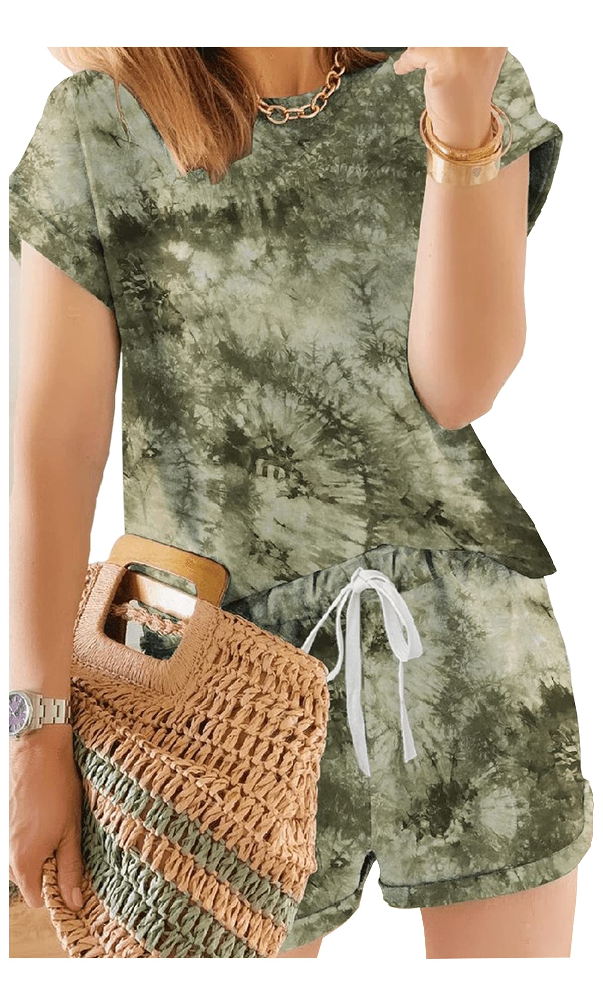 B Xtra Boutique Women's Modern Tye Dye Loungewear Set| Casual Loungewear | Elegant, Casual, & Short Sleeve | Perfect for Summer, Night Out, or Gift | Olive (X-Large)