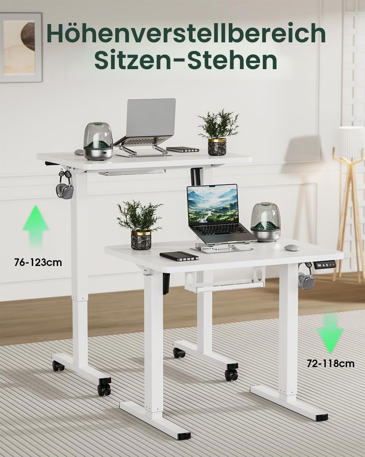 Höhenverstellbarer Schreibtisch 80 x 60 cm, Schreibtisch Höhenverstellbar Elektrisch für Home & Office, 2-teilige Tischplatte, Weiß