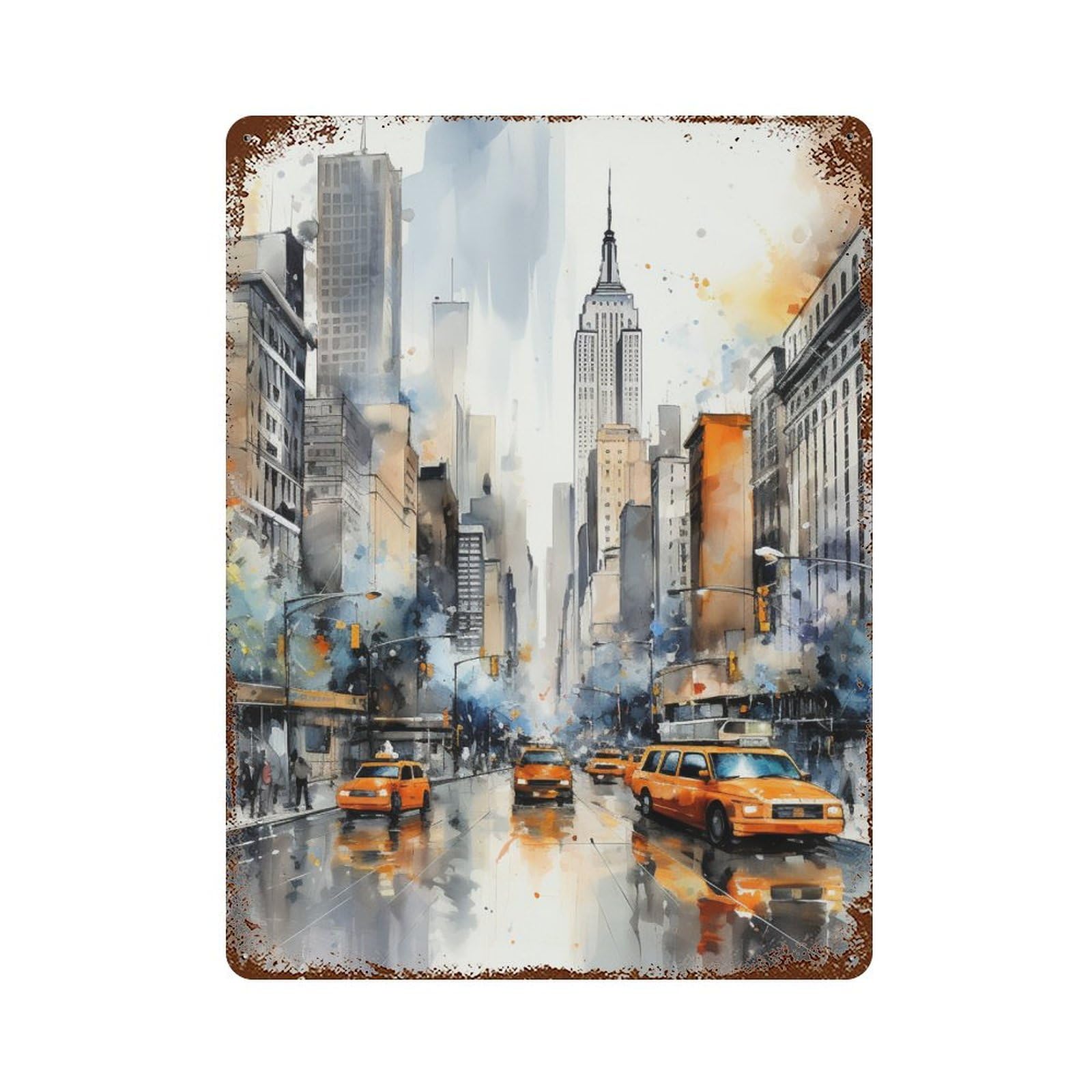 HighonHi Tin Sign Realistic Watercolor Style Of New York City Print Vintage Metal Tin Signs Metal Plaque New York State Building Retro Metal Signs