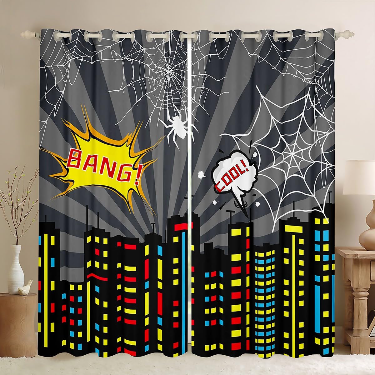 Manfei Cartoon Hero Theme Kids Curtains,City Building Blackout Curtains for Boys Teens Men,Spider Web Modern Fashion Living Room Bedroom Decor Window Treatment Drapes,Top 2 Panels,66Wx72L