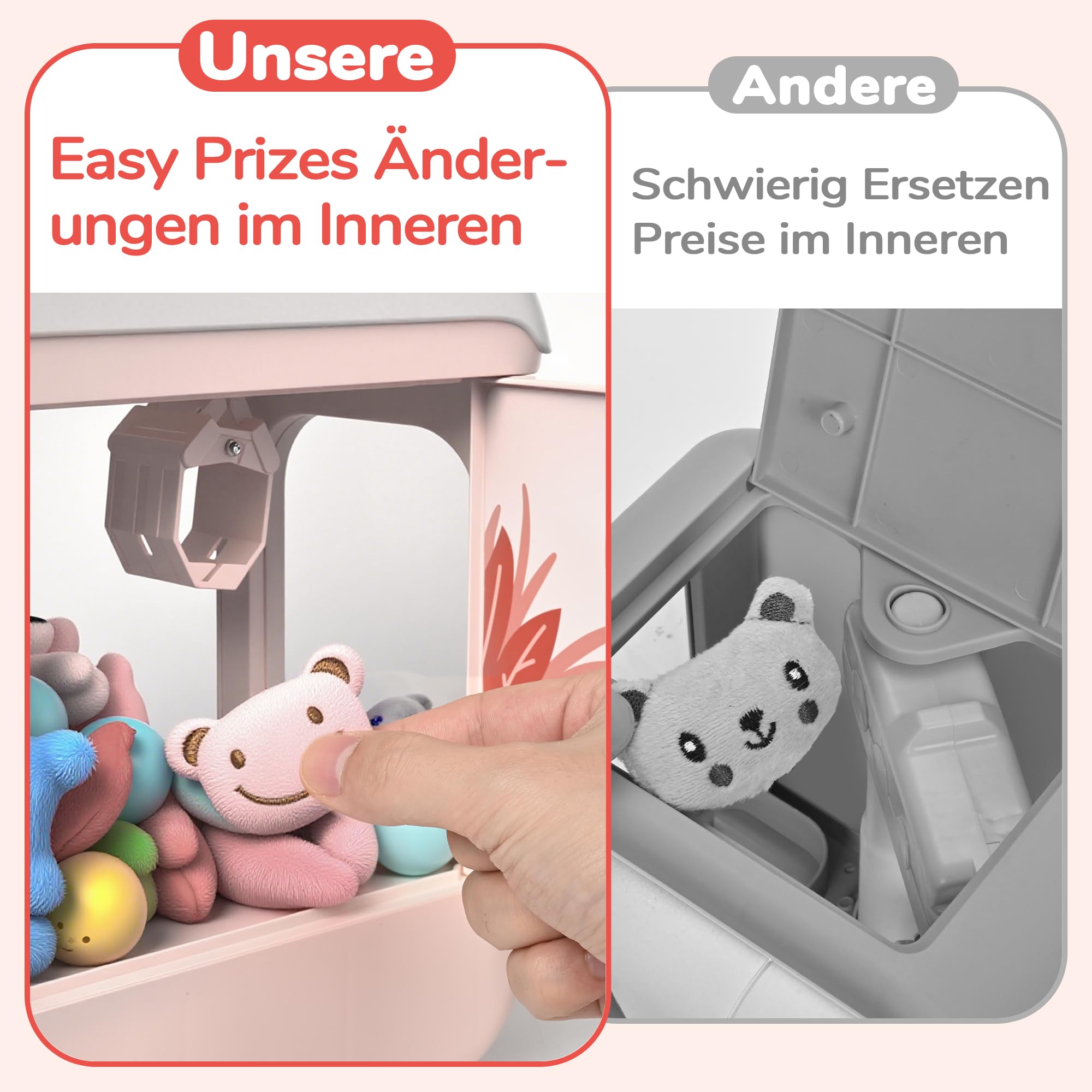 cossy Greifautomat, Greifautomat Kinder mit Licht und Musik, Süßer Kaninchen Candy Grabber mit 24 Spielmarken, 10 Spielzeugen und Kapselspielzeugen, Kinder ab 3 Jahren, Rosa