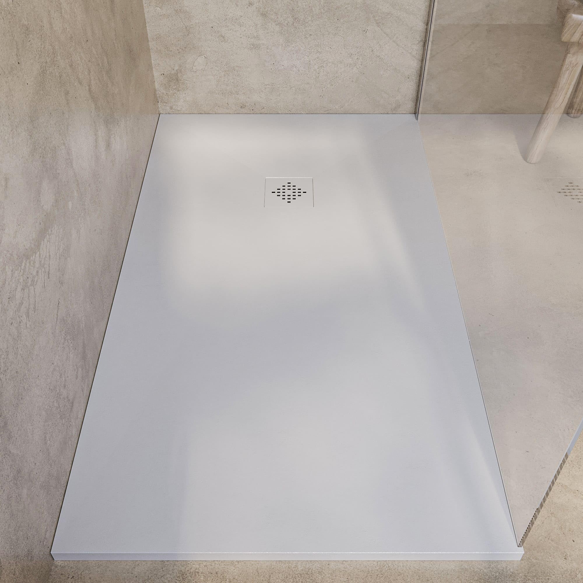 SOULHOME Brodzik prysznicowy– Żywica– Gel Coat– Gładka/Kamienna tekstura – Antypoślizgowy – Kolor złamana biel – 150x90- Niski 3 cm– Z dodatkowym syfonem – Standard