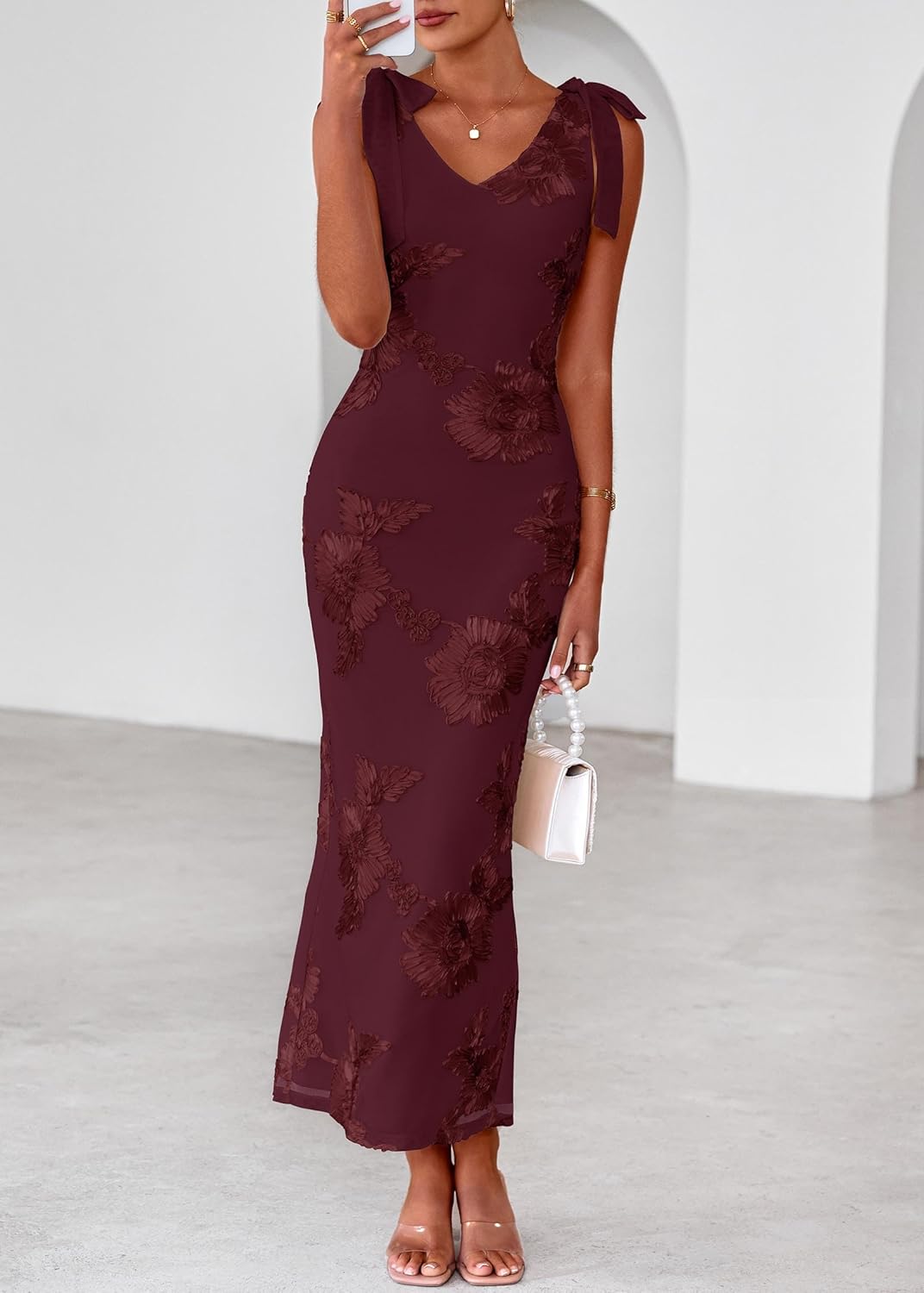 Lazysmile Womens Floral Embroidered Maxi Dress Sleeveless V Neck Tie Strap Ribbon Flower Mesh Party Cocktail Dresses - Image 4