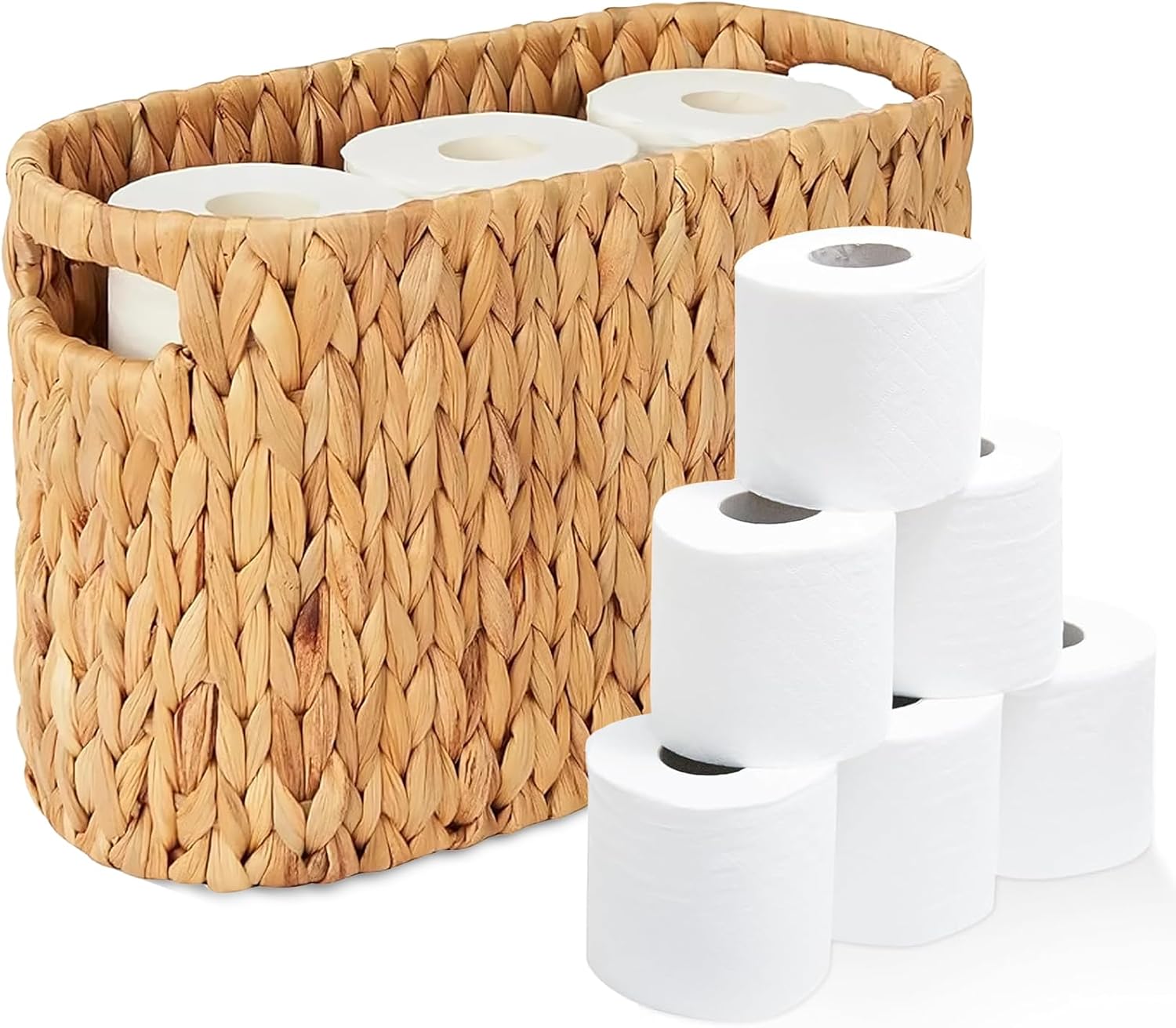 Toilet Paper Storage Basket, Wicker Toilet Paper Holder Basket for 6 Roll Standard or Small Toilet Paper with Buit-in Handles for Bathroom