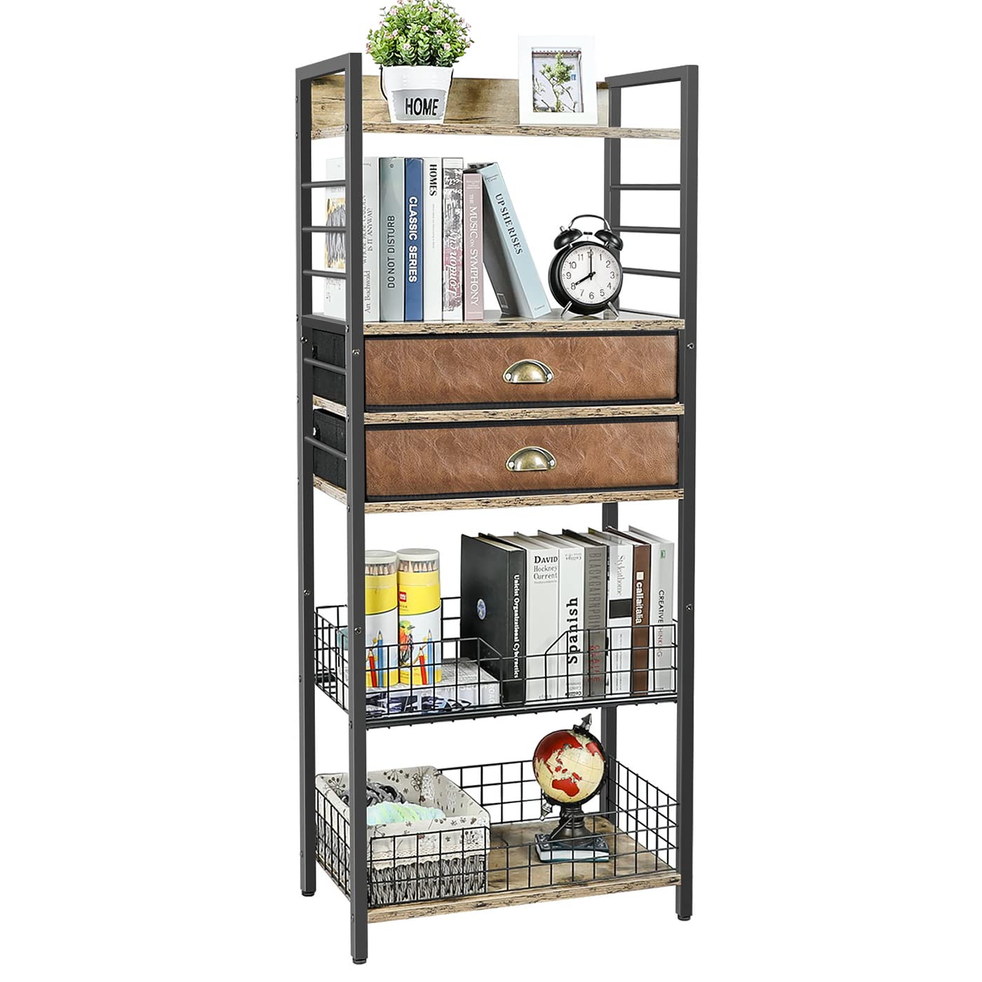 Buy Industrial Bookshelf with 2 Drawer, Retro Wood Bookcase with Open