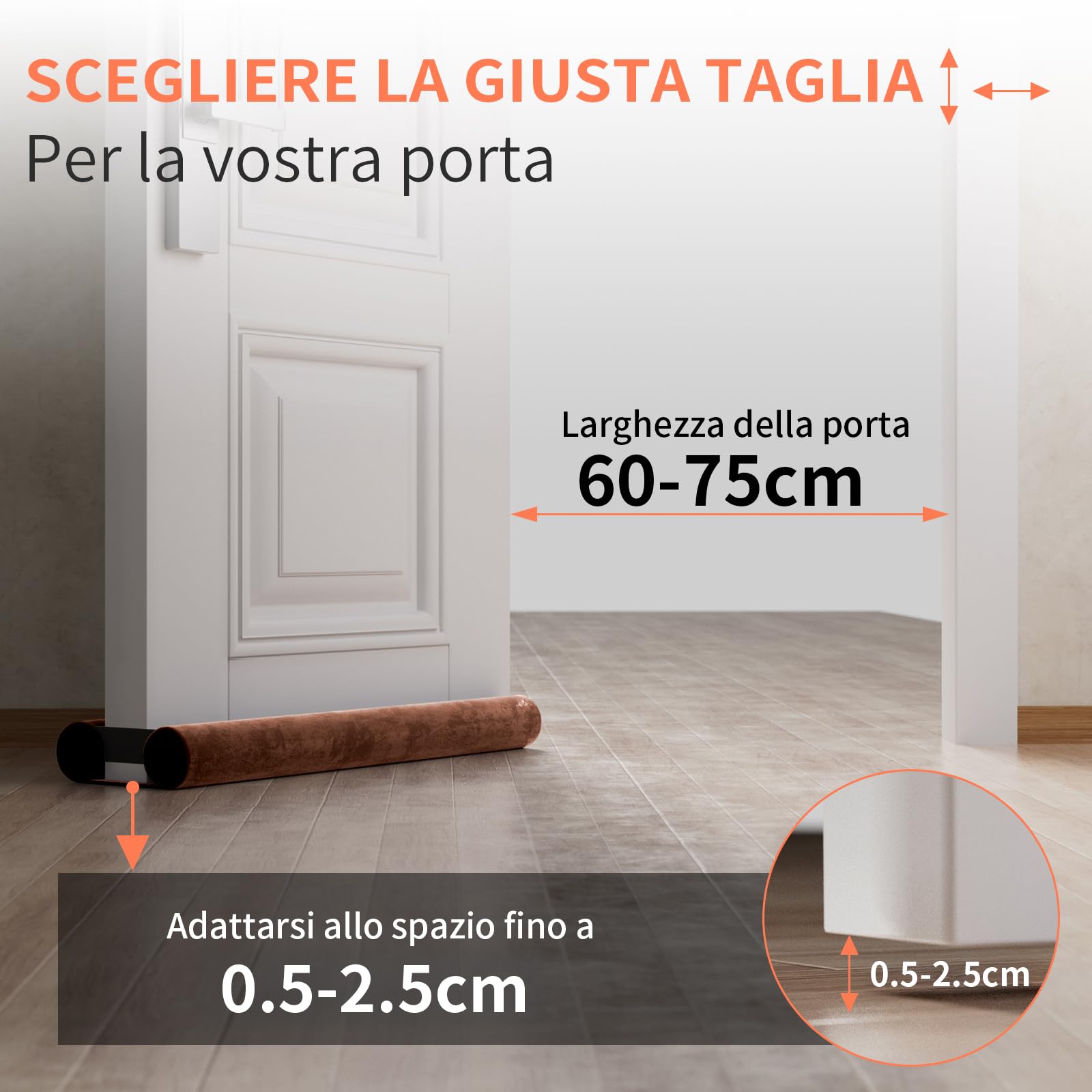 BKSAI Paraspifferi per Porte Guarnizione Inferiore Porte Senza Colla | Paraspifferi Doppia Guarnizione Isolante Termico Insonorizzato Antivento, Paraspifferi Sottoporta per Porte 60-75 cm Marrone