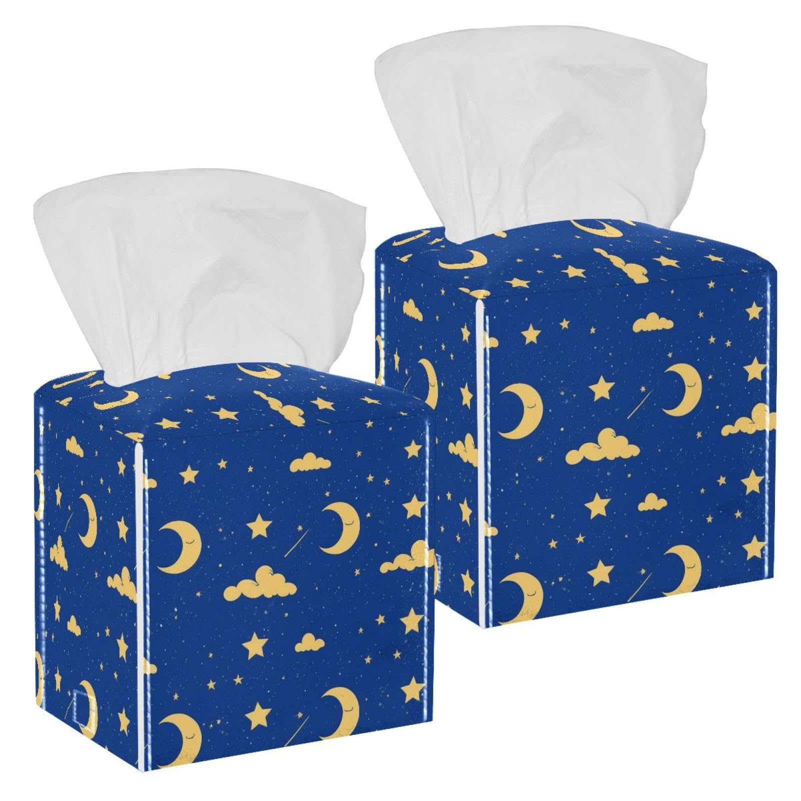 Stars and Moon Tissue Box Cover, 2 Pack PU Leather Square Facial Tissue Dispenser Box holder for Home Office Car