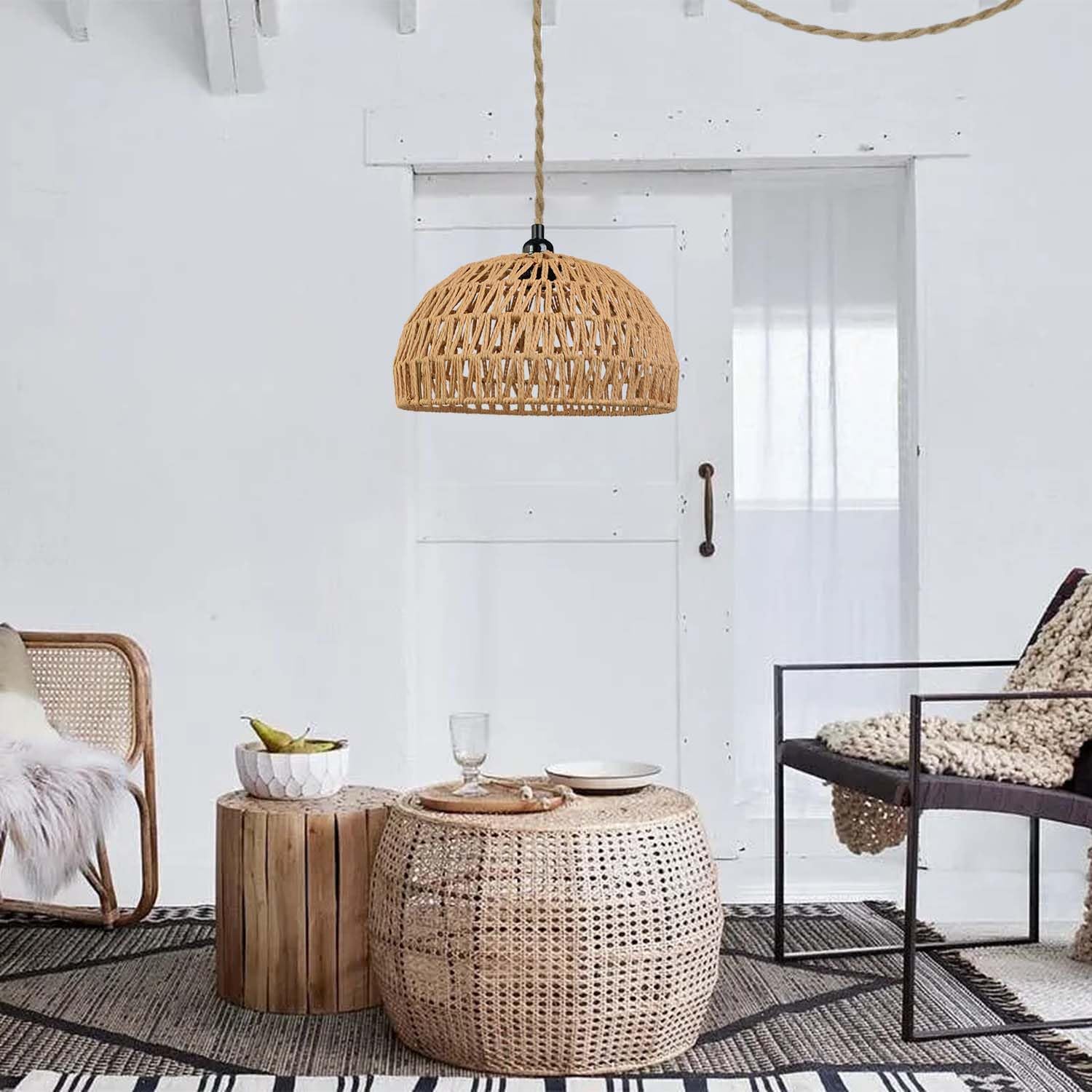 1PC Bohemian Farmhouse Rattan Chandelier, Hand-Woven Wicker Ceiling Light with Switch, DIY Hanging Pendant Lamp for Kitchen Island Dining Room Bedroom Living Room Foyer (Brown)