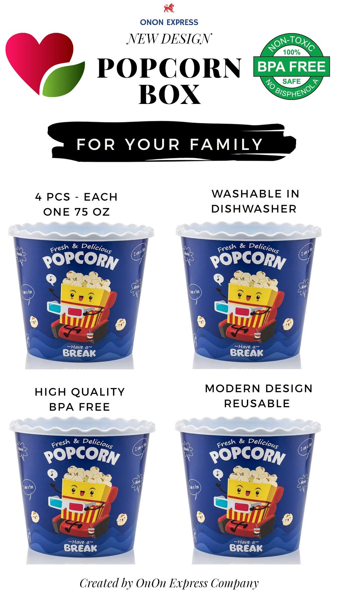 Caja de palomitas de maíz de plástico reutilizable de estilo moderno, para palomitas de maíz, juego de cuencos de palomitas de maíz para la noche de cine – libre de BPA – azul, paquete de 4 – 70 onzas