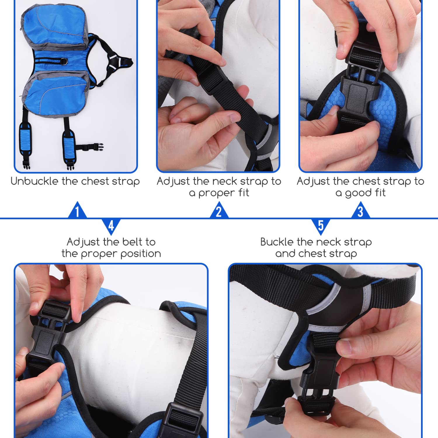 Nobleza - Mochila Arnés Chaleco para Perro, Alforja Bolsa de Hombro Ajustable, Bolsa Sillón para Excursionismo, Senderismo y Camping con Tira Reflectante para Mascota, Azul - L