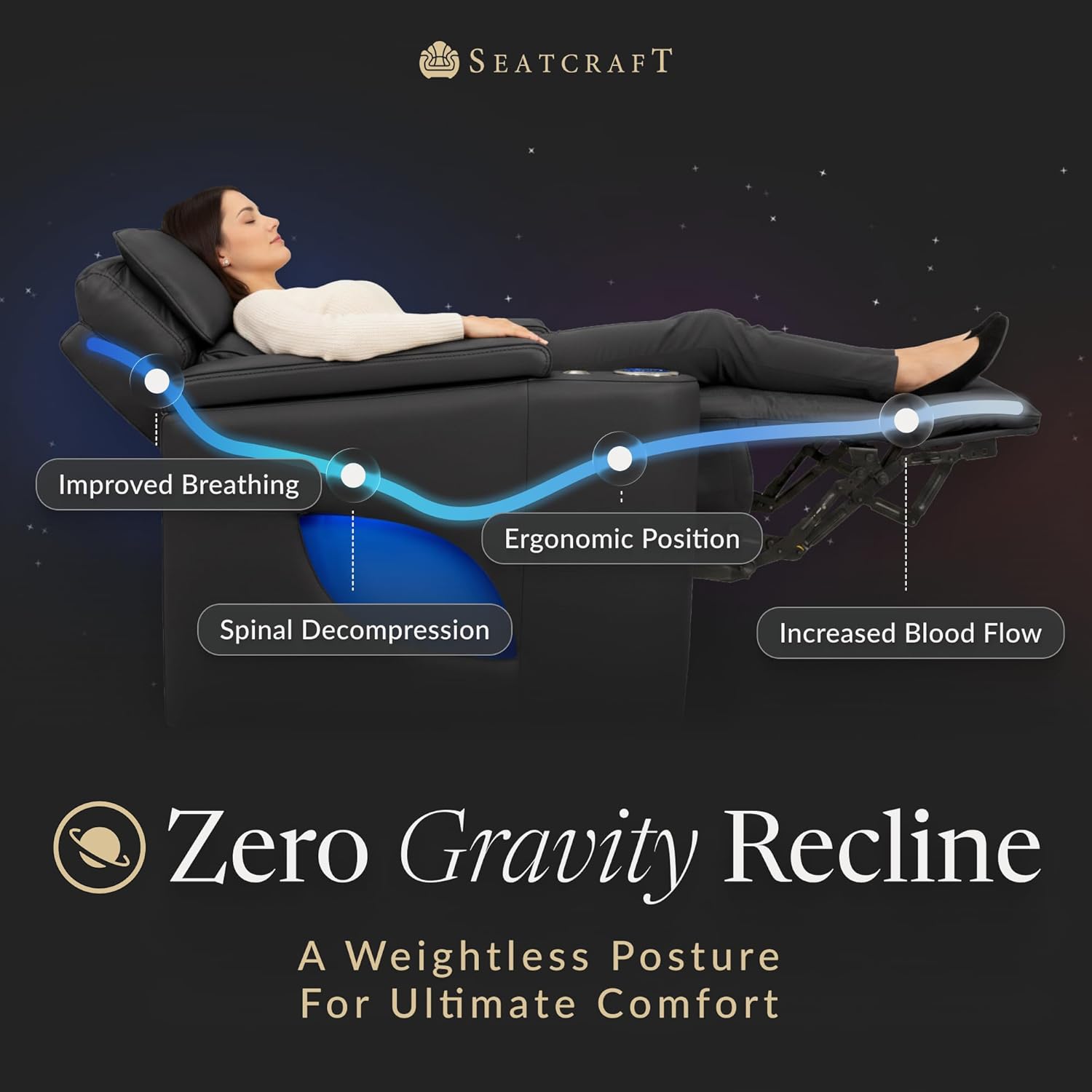 Seatcraft Valore Zero-Gravity HeatZero Italian Leather Home Theater Seating, Heat & Massage, Power Headrest, Power Lumbar, Row of 4 Dual Loveseats, Black