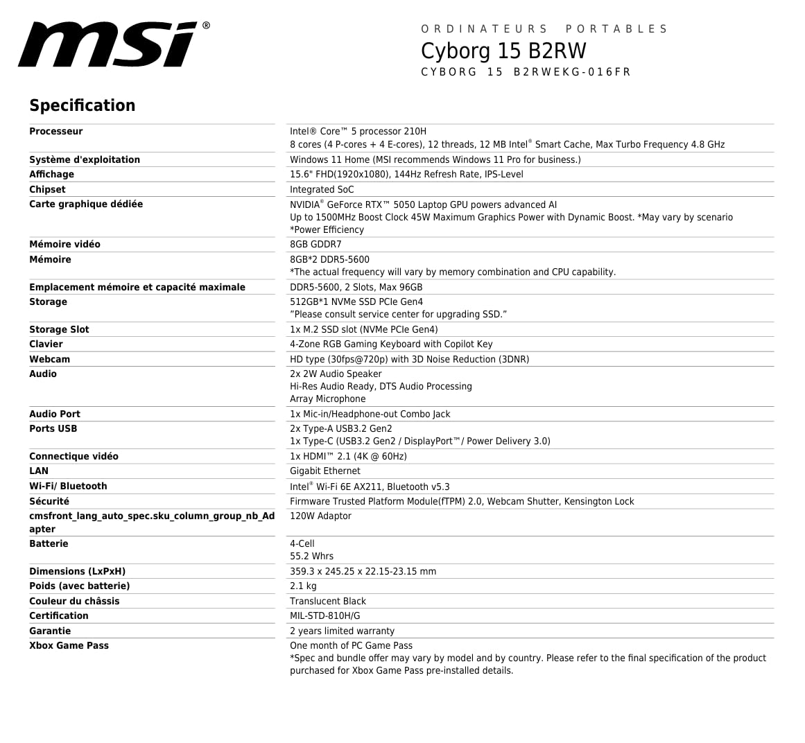 MSI Cyborg 15 PC portatile da gaming 15,6" FHD 144Hz - NVIDIA GeForce RTX 5050 8GB - Intel Core 5-210H - 16GB DDR5 RAM - 512GB SSD - Windows 11 Famiglia - Ultra Sottile Laptop Gamer