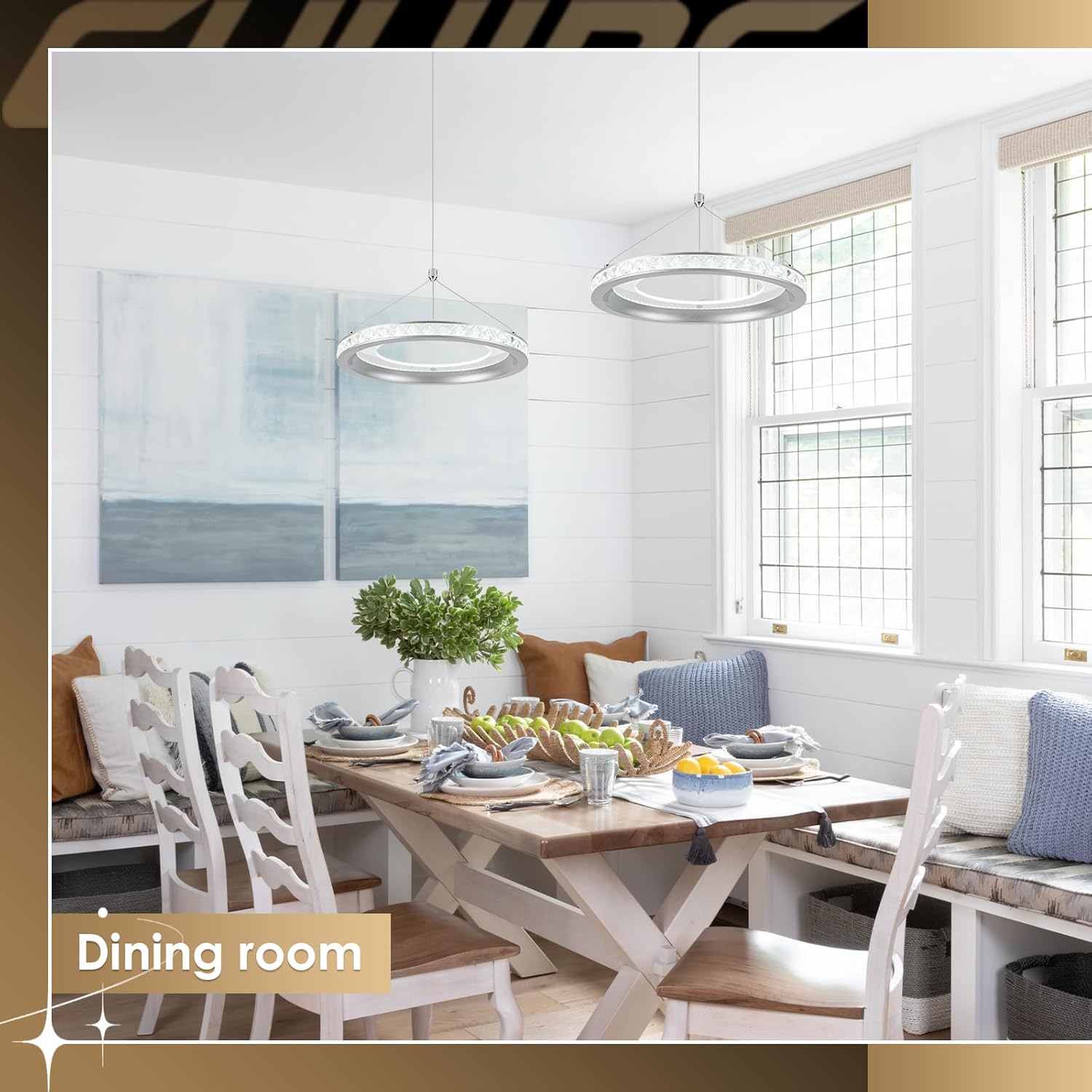 CHYING Modern Silver LED Crystal Pendant Light, 11.8" 24W 6000K Cool White Hanging Pendant Light Kitchen Island, Ring Ceiling Lights for Bedroom Dining Room Hallway