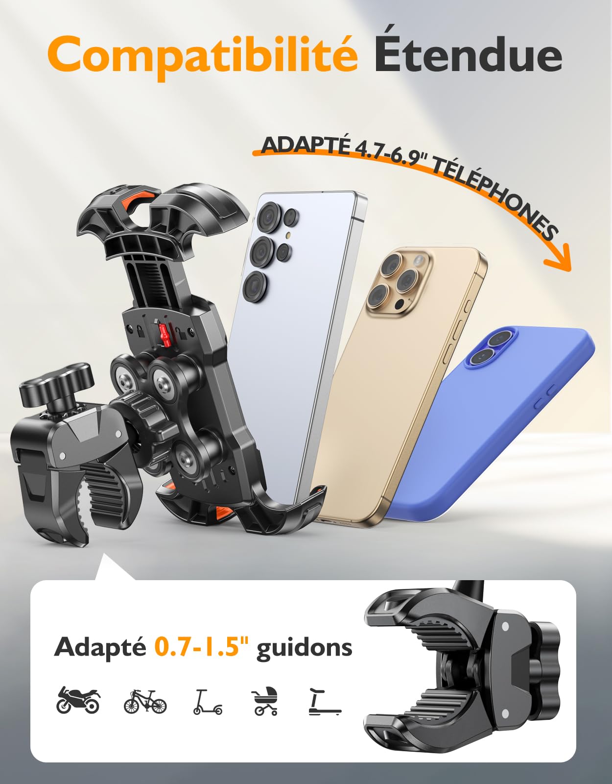 Support Telephone Moto Anti Vibration, [sans Outils] Support Porte Telephone Velo, [Coussin Silicone] Support Téléphone Trotinette Electrique Compatible iPhone, Galaxy, Smartphones 4.7-6.9''