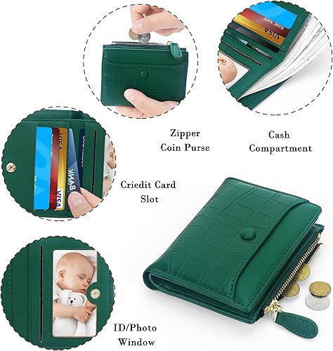 Miniatura 3 de Cartera pequeña para mujer, cartera compacta de cuero plegable para mujer con cremallera, Patrón de piedra, verde oscuro, Moda