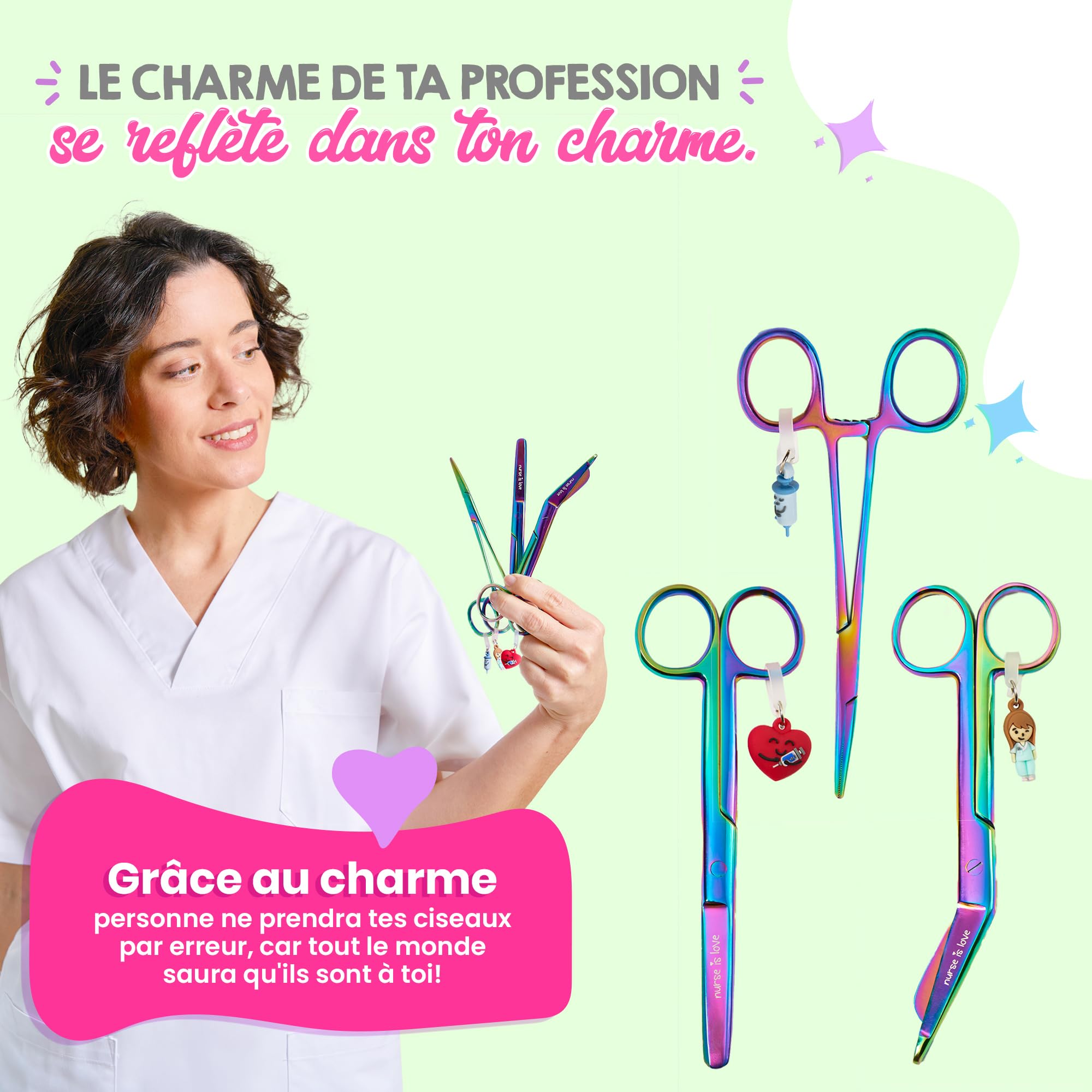 Nurse is Love Set 3 pièces Ciseaux Infirmiers Pico de Pato & Droits Mayo + Outil de Fixation | Ciseaux à Pointe Roma, Accessoires Infirmière, Premiers Secours - Cromium