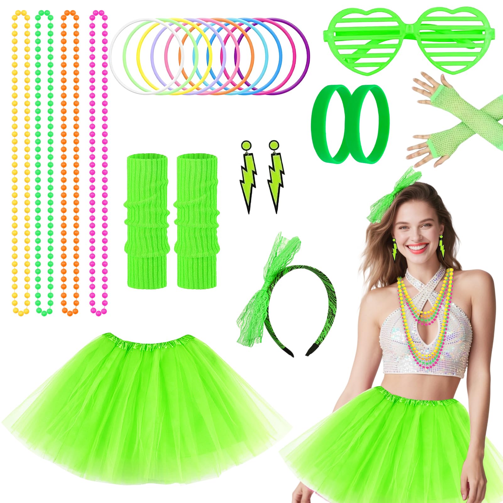 Meriviva 25 Pcs 80s Fancy Dress for Women 1980s Accessories with Neon Tutu Skirt Bracelets Necklaces Leg Warmers Fishnet Gloves Headband Glasses Earrings for 80s Party Dress Up (Green)