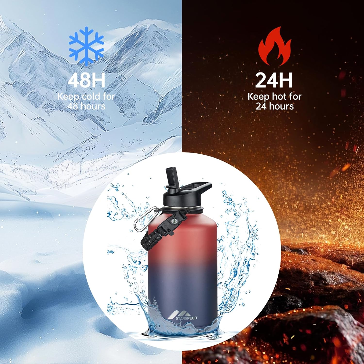 StarSpeed 64oz Insulated Water Bottle with Straws & 2 Lids, Half Gallon Stainless Steel Double Walled Vacuum Water Jug, Large Wide Mouth with Paracord Handle for Gym Camping Hiking, Red Blue - Image 2