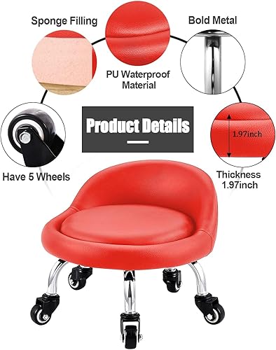Miniatura 6 de Lanstics Taburetes de asiento bajo con ruedas, silla de cuero, asientos rodantes con respaldo, pequeño taburete giratorio de 360 grados para el
