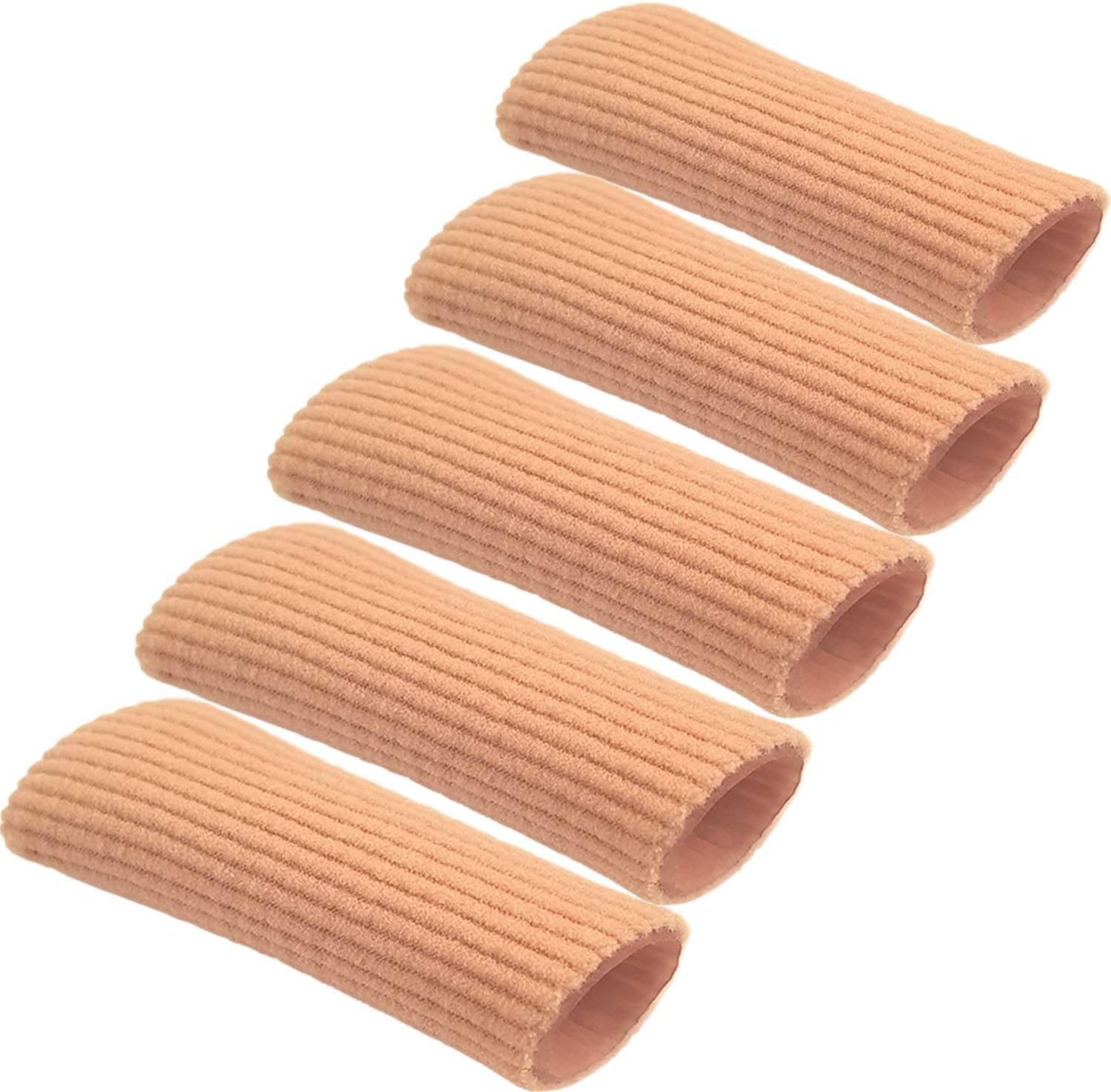- Chiroplax Toe Caps Sleeves Cushions Protectors Tubes Fabric & Gel Lining Finger Toe Separator for Bunion, Hammer Toe, Callus, Corn, Blister (Medium, 5 Pack)