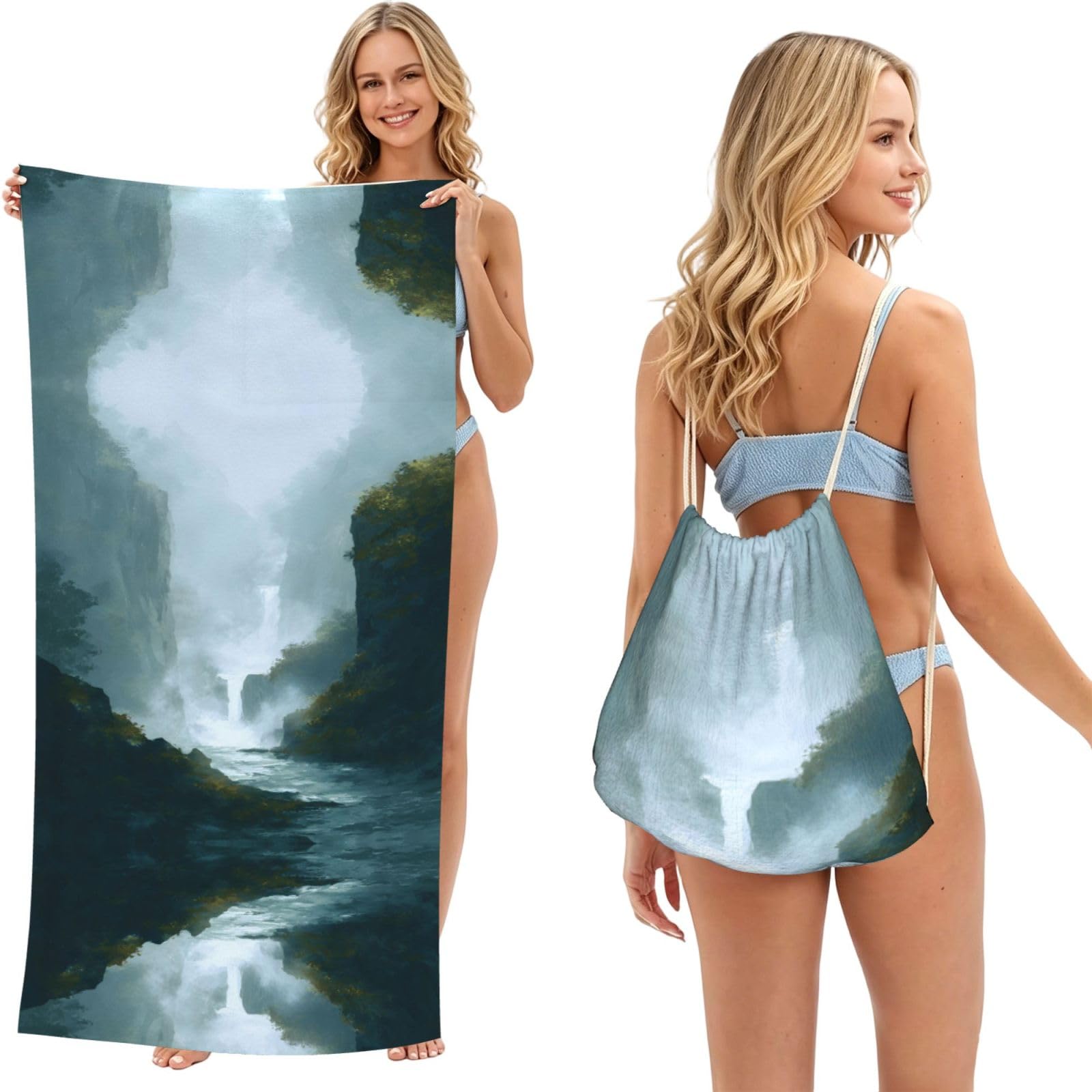 ESNAIUVCD Waterfall Print Beach Towel For Adults,Towel With Drawstring Bag, Travel Pool Swimming Sports Shower Sand Free Quick Dry Bath Towel For Pool, Beach, Yoga- 180x60cm
