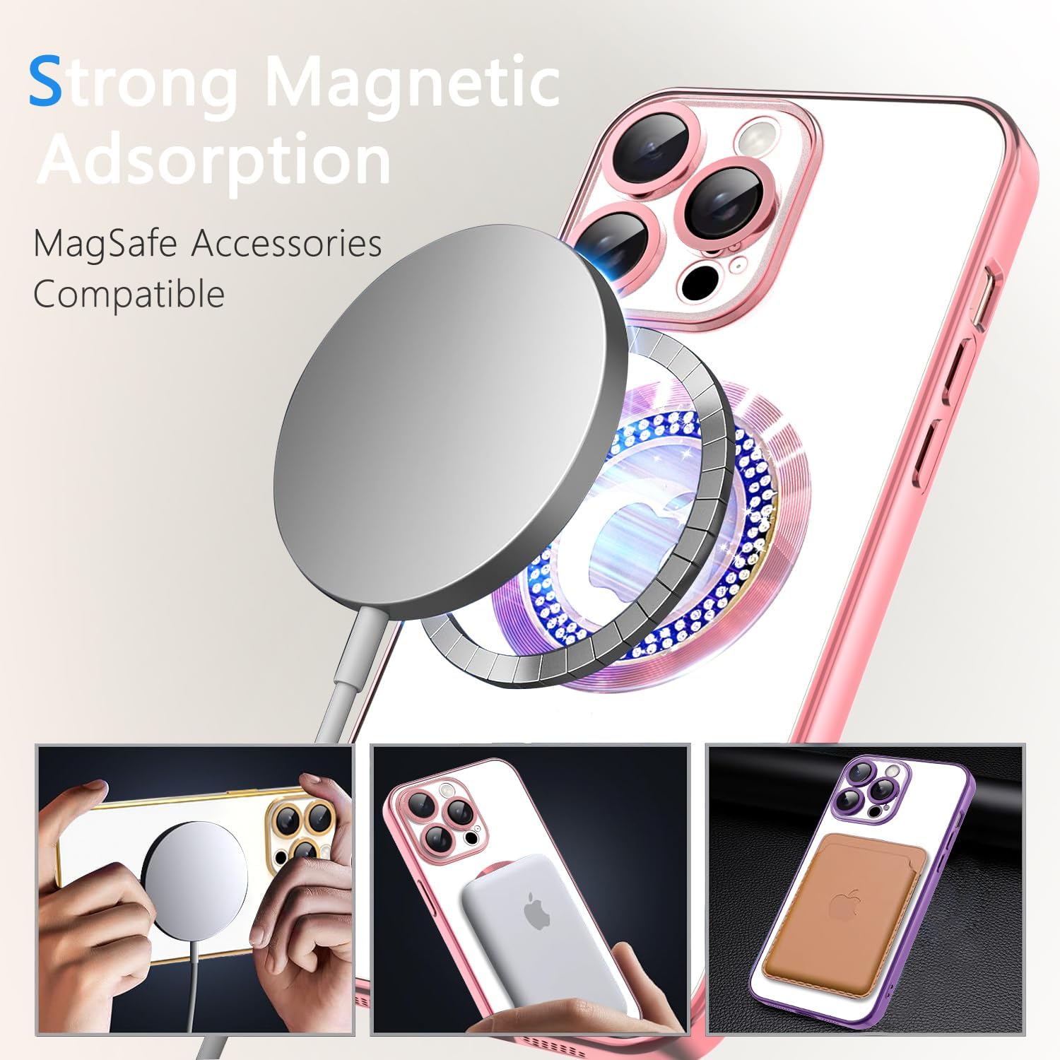 Misscase for iPhone 15 Pro Max Magnetic Glitter Case Compatible with MagSafe,Full Protection Slim Shockproof Anti-Scratch Case with Camera Lens Protector Logo View Dust-Proof Net for Women Pink - Image 4