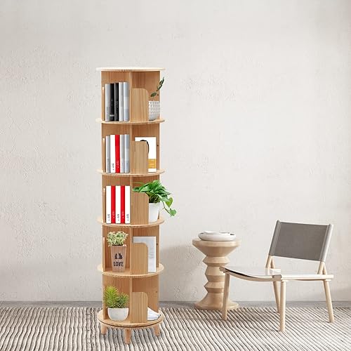 Miniatura 6 de Estantería giratoria de 360, estante apilable de madera maciza de 5 niveles, estante de almacenamiento de pie para sala de estar, estudio y oficina
