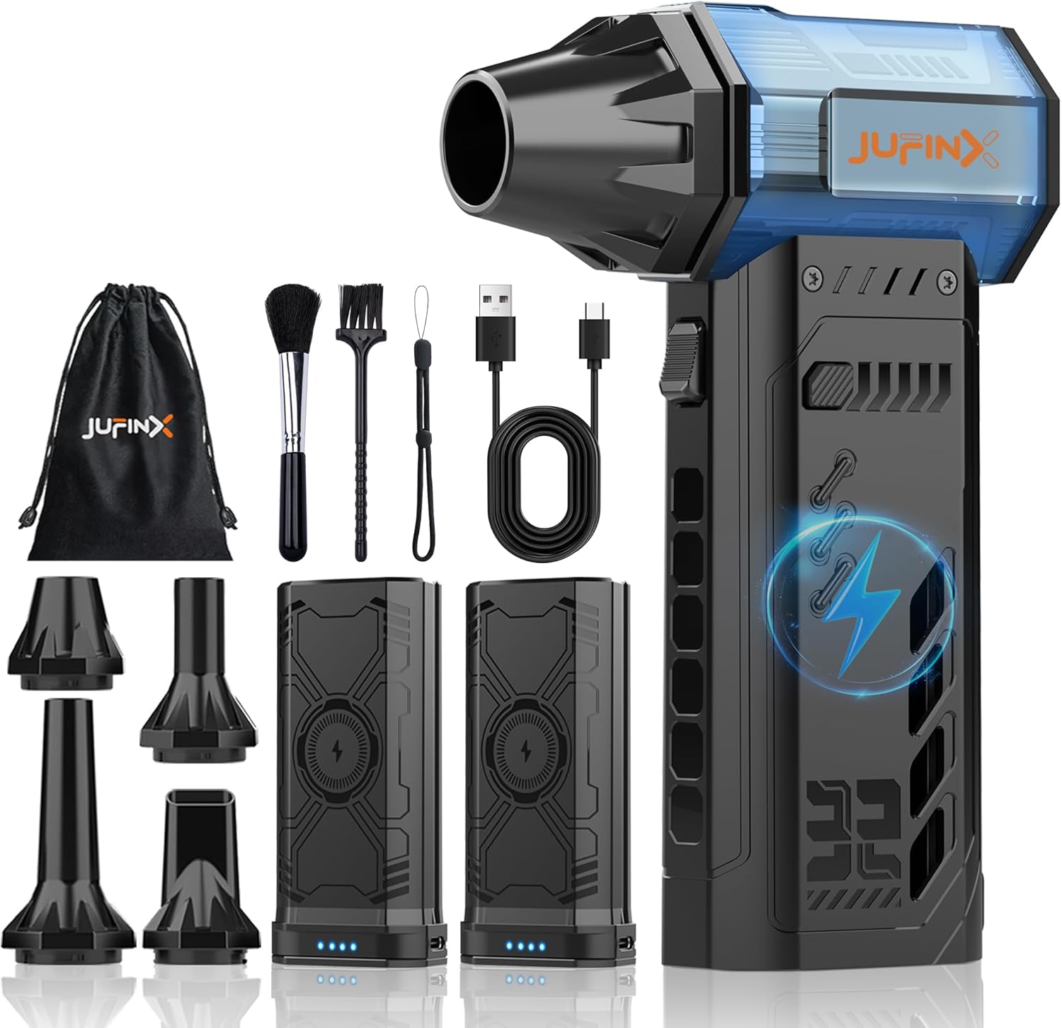 JUFINX Air Duster -250000RPM- Snow Blower, Replaceable Batteries 2pcs,Long Life-mini Blower, 3-Gear Adjustable- Electeic Air Duster for Keyboard,PCs,Outdoors,Snow,Leaves,Car Cleaning (2*Batteries)