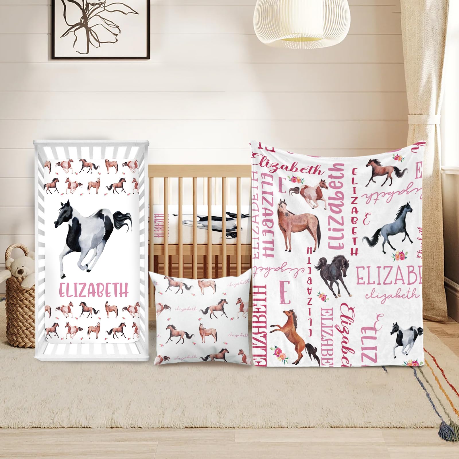 Custom Crib Bedding Set for Girls Gift Horse Monogram Design Color10