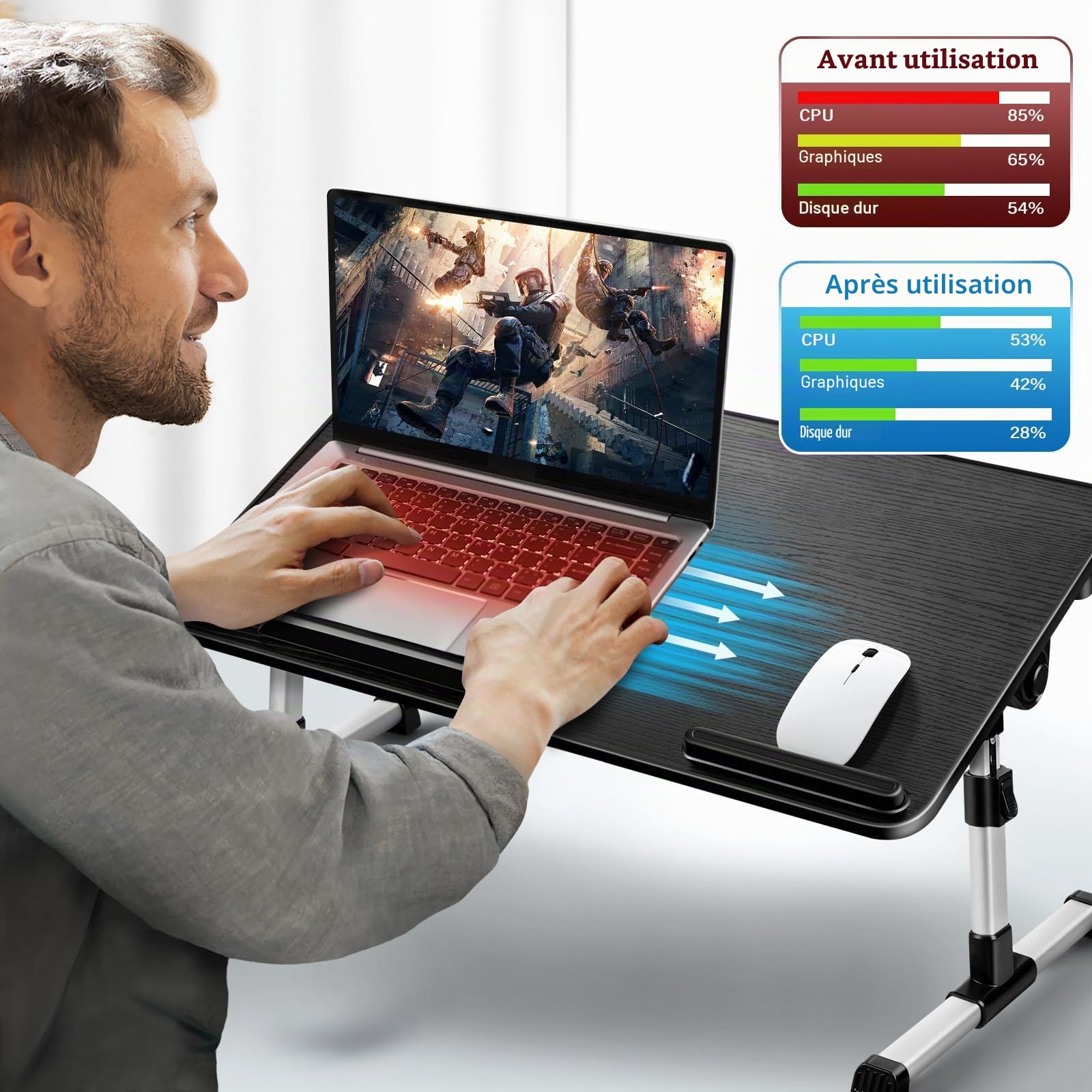 Table de Lit pour Ordinateur Portable, Pliable, Réglable en Hauteur et Angle, Plateau de Lit avec Tiroir/Refroidisseur PC Portable, Table pour Canapé/Sol (53 x 30 cm, Noir)