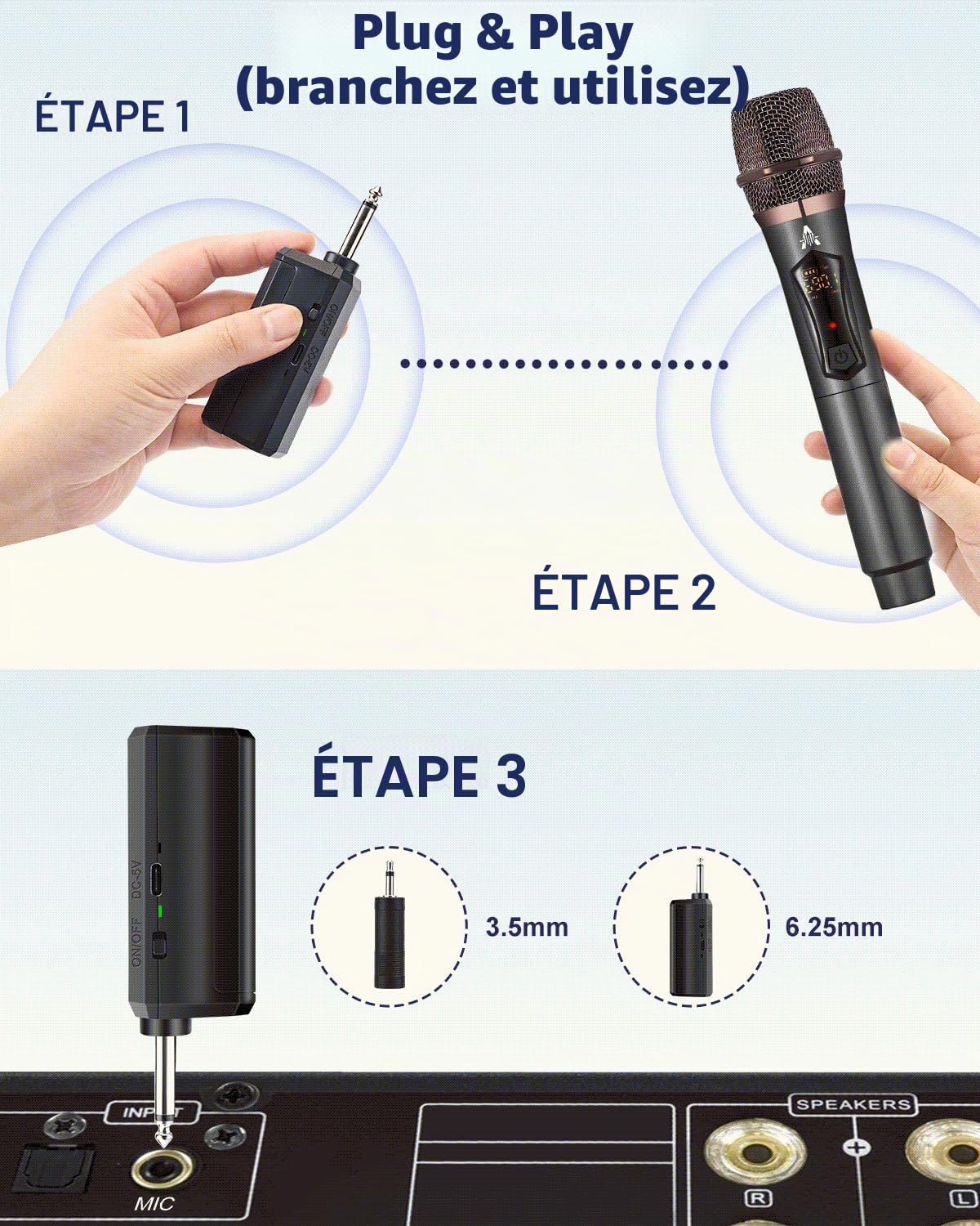 ALPOWL Microphone sans Fil, Microphone karaoké avec 192KHZ/24Bit, système de Micro Dynamique sans Fil Professionnel, récepteur Rechargeable pour Haut-Parleur, système de sonorisation (Black)