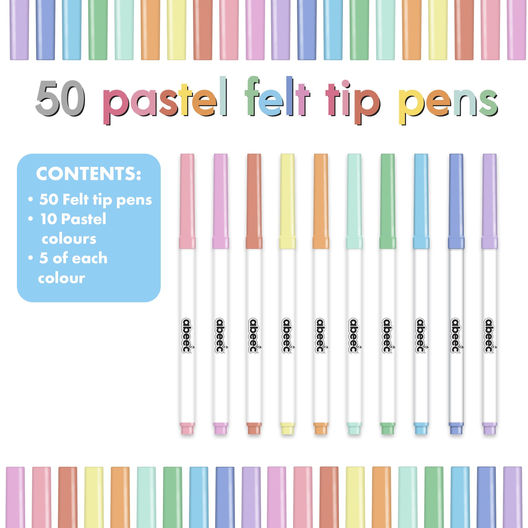 abeec 50 Pastel Felt Tip Pens for Kids 3-10, Different Colour Colouring Set for Arts and Crafts in a Box - Children's Art Supplies - Image 2