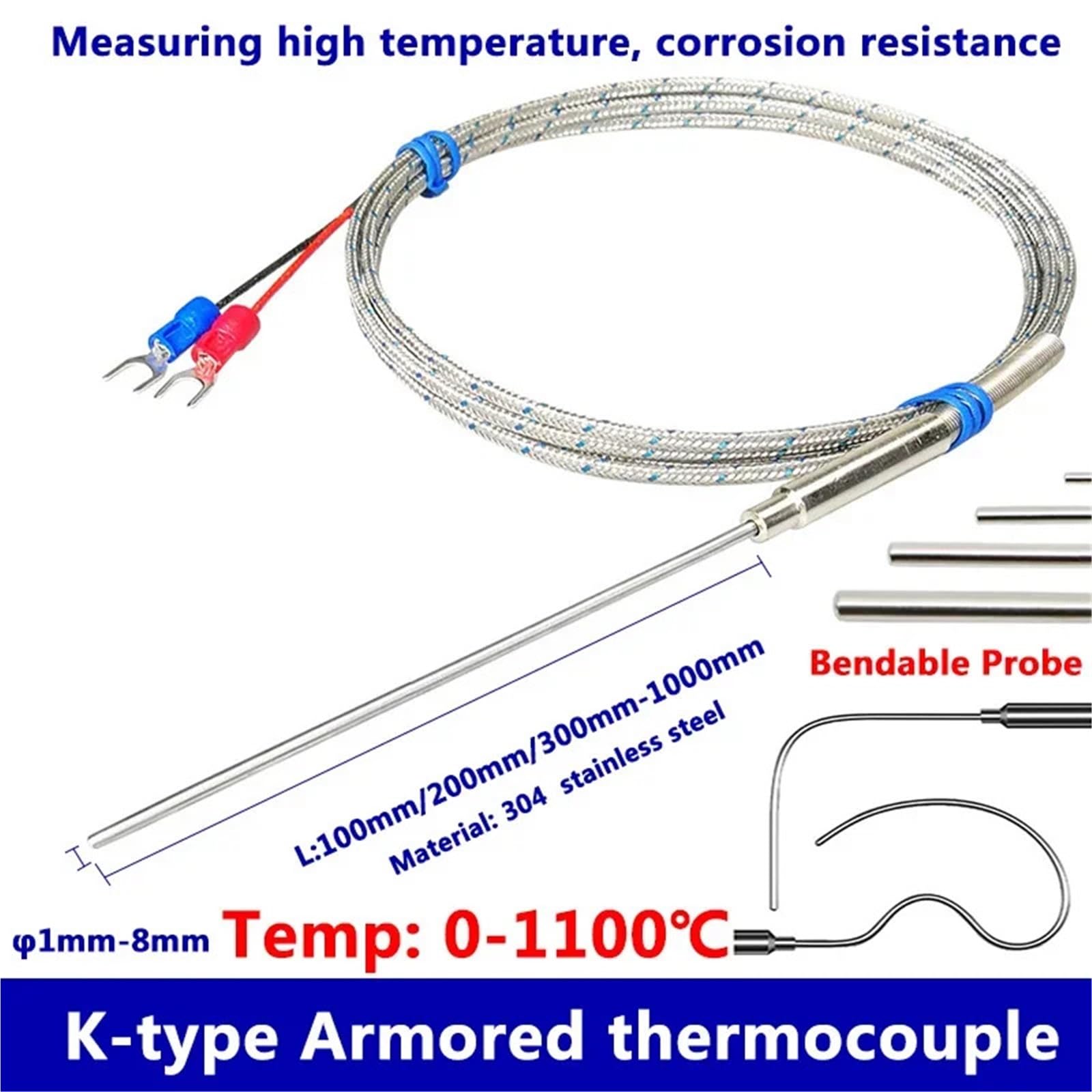 Opancerzony czujnik termopary typu K elastyczna sonda ze stali nierdzewnej przemysłowa 0-1100°C WRNK‑191 1 szt. (średnica sondy 1 x 100 mm)