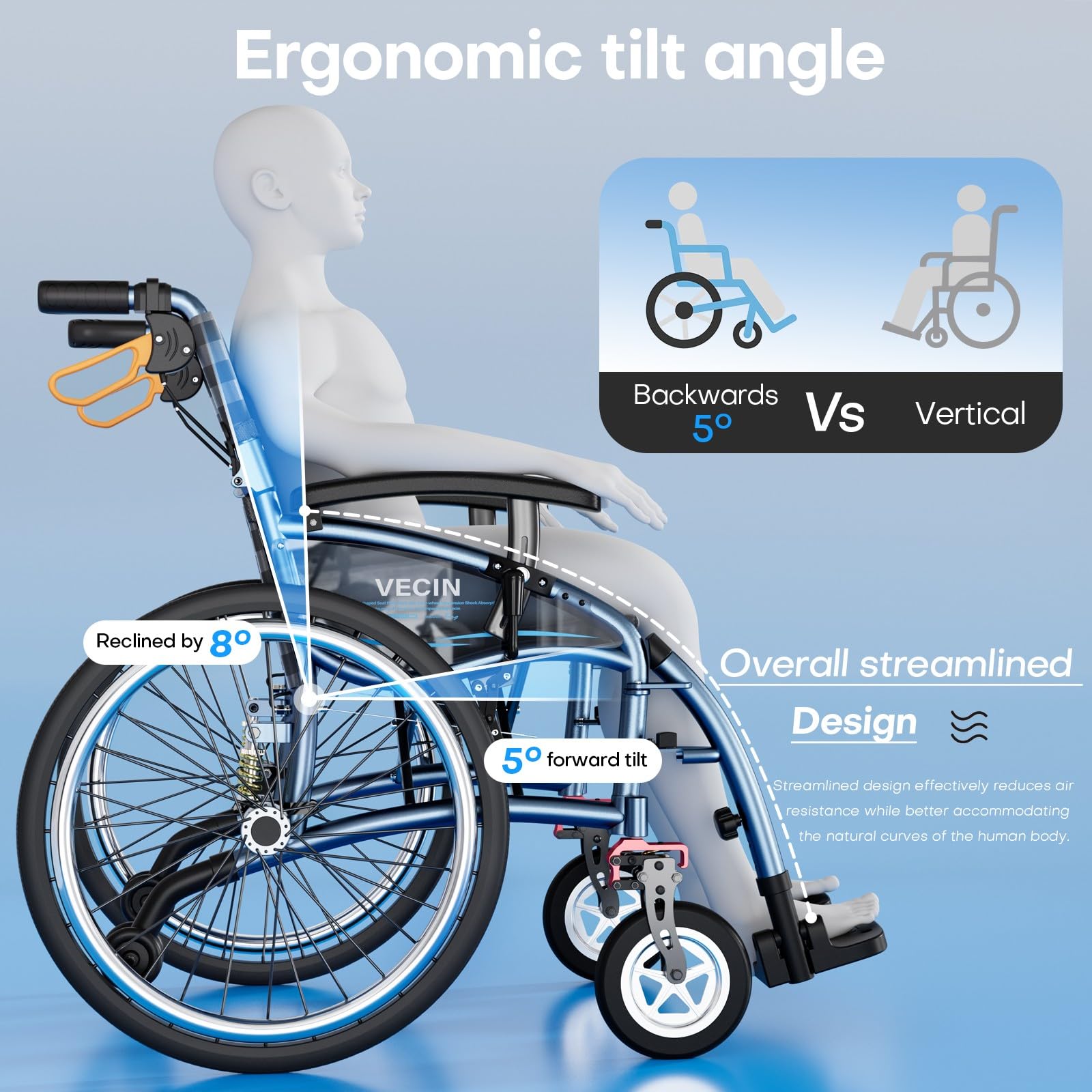 Sedia a Rotelle Pieghevole Leggera ad Autospinta, Sedia a Rotelle Autospinta con Ammortizzazione Regolabile, Capacità di Carico 200 kg, per Disabili ed Anziani