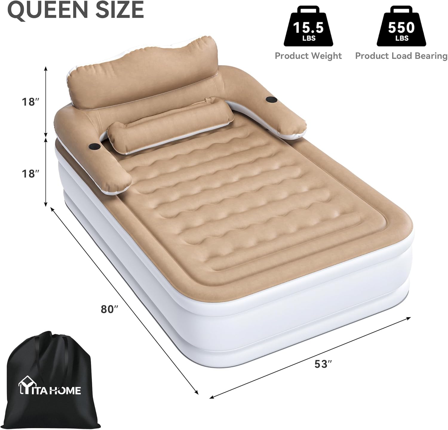 YITAHOME FullXL Size Air Mattress with Headboard and Pump, 18in Blow Up Mattress with Carry Bag, and Travel, Brown
